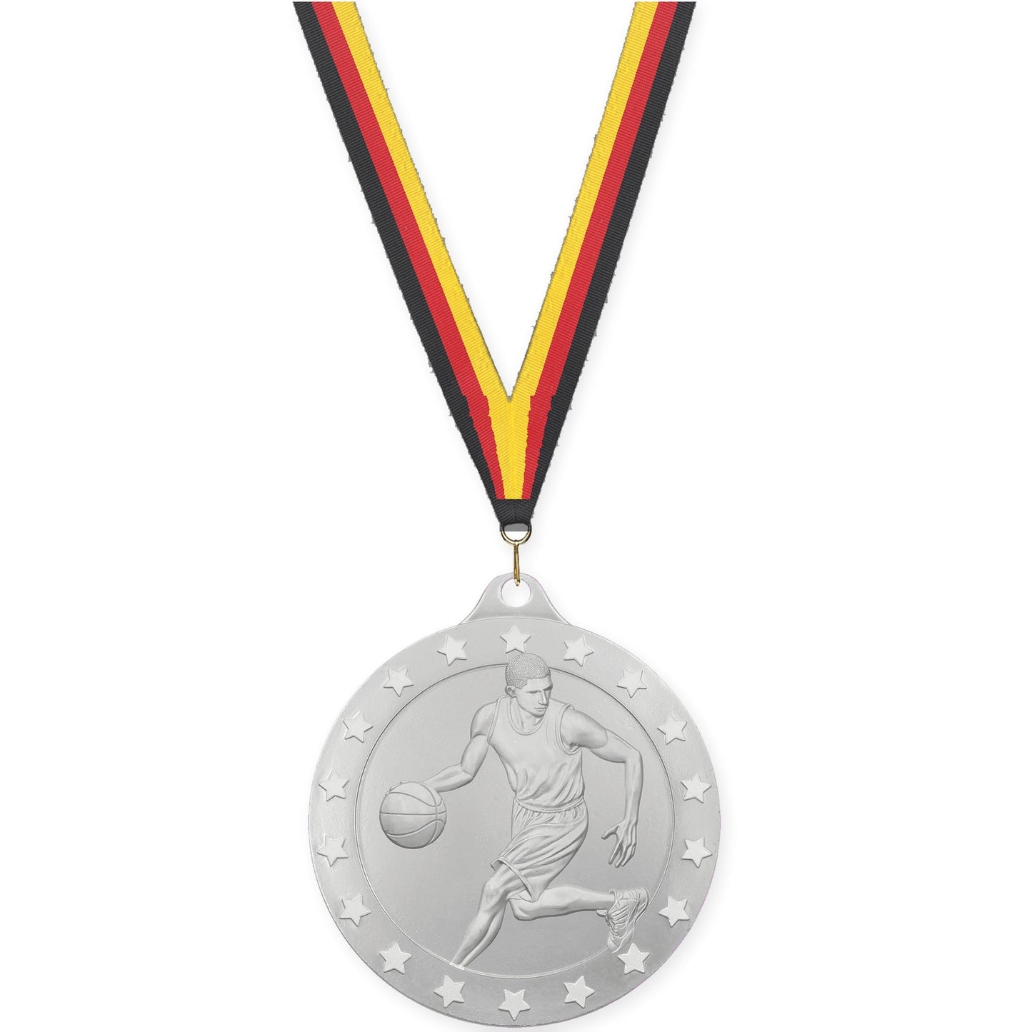 2 inch male basketball Radiance medal in silver with Black Red Yellow neck ribbon
