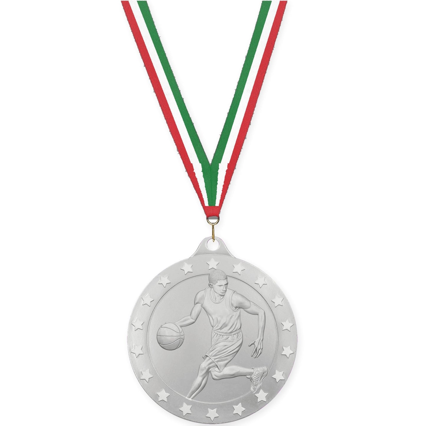 2 inch male basketball Radiance medal in silver with Red White Green neck ribbon