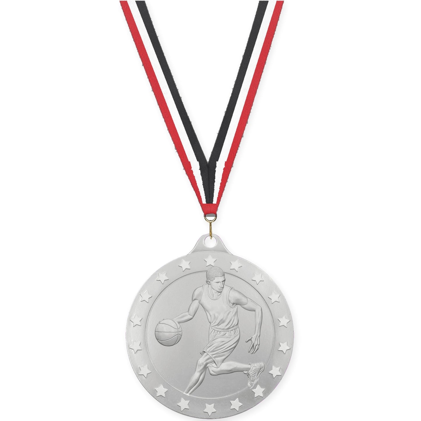 2 inch male basketball Radiance medal in silver with Red White Black neck ribbon