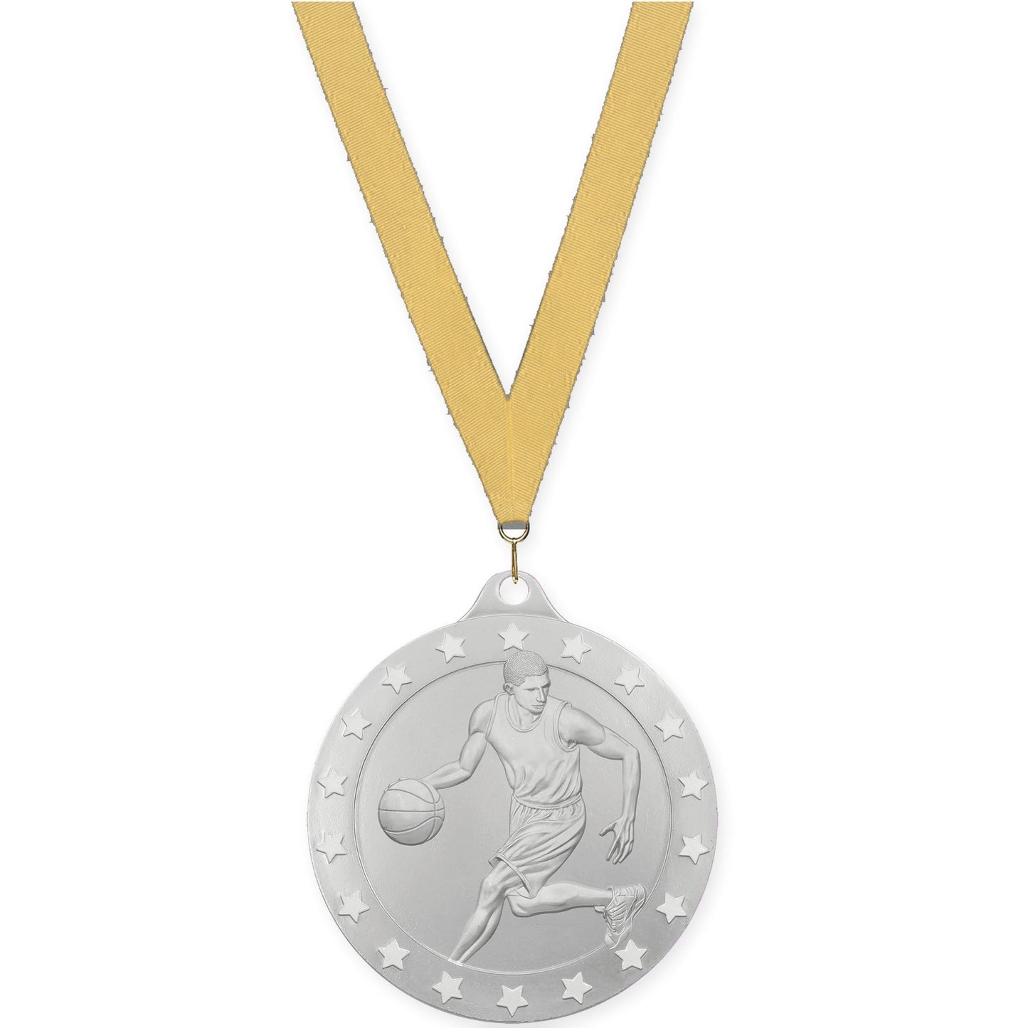 2 inch male basketball Radiance medal in silver with Gold Metallic neck ribbon
