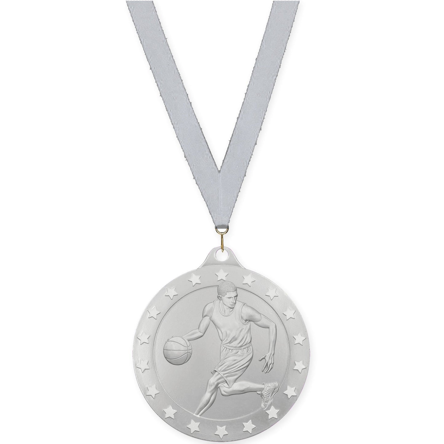 2 inch male basketball Radiance medal in silver with Silver Metallic neck ribbon