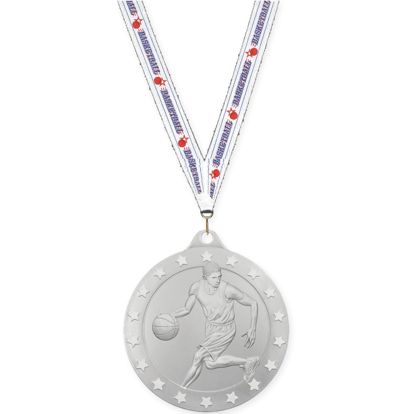 2 inch male basketball Radiance medal in silver with Basketball neck ribbon