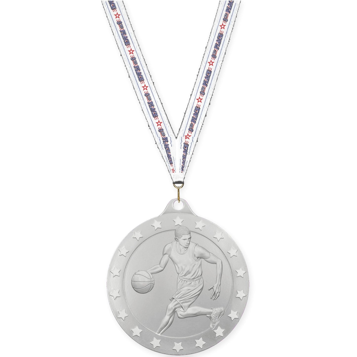 2 inch male basketball Radiance medal in silver with 3rd Place neck ribbon