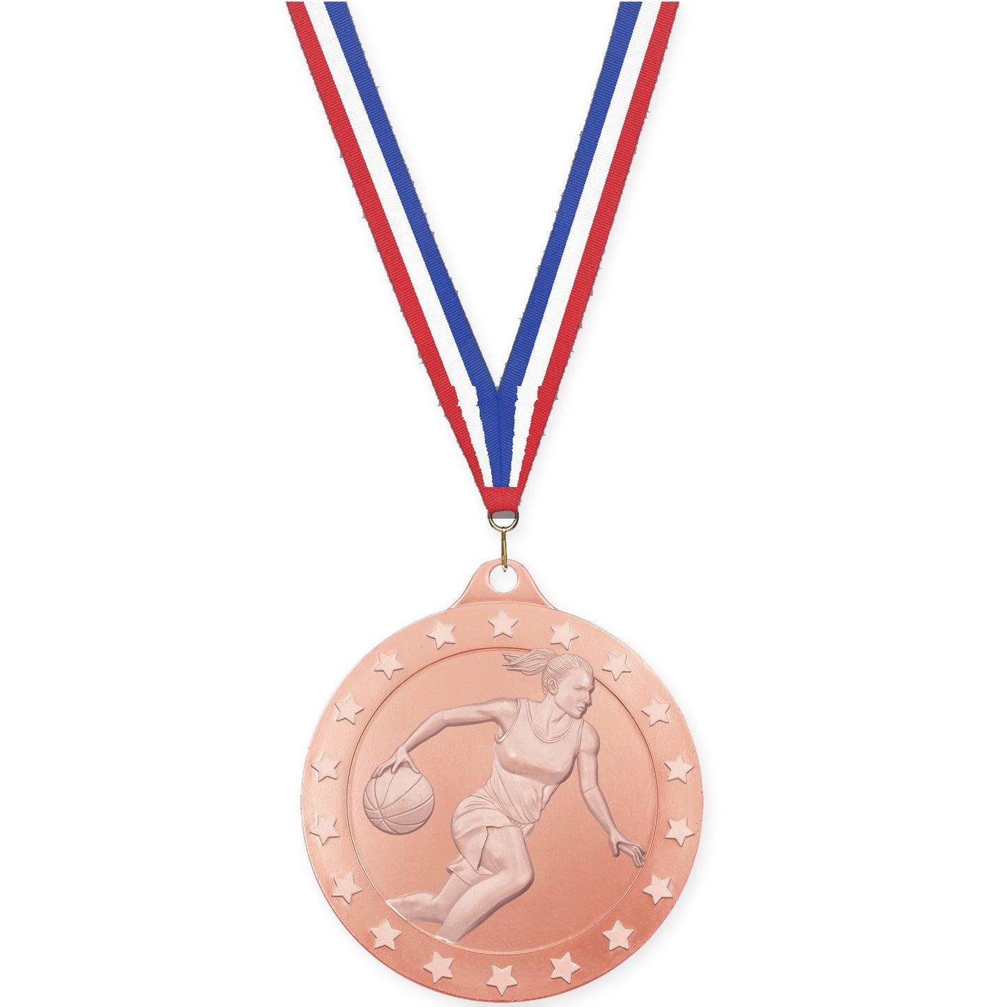 2 inch female basketball Radiance medal in bronze with Red White Blue neck ribbon