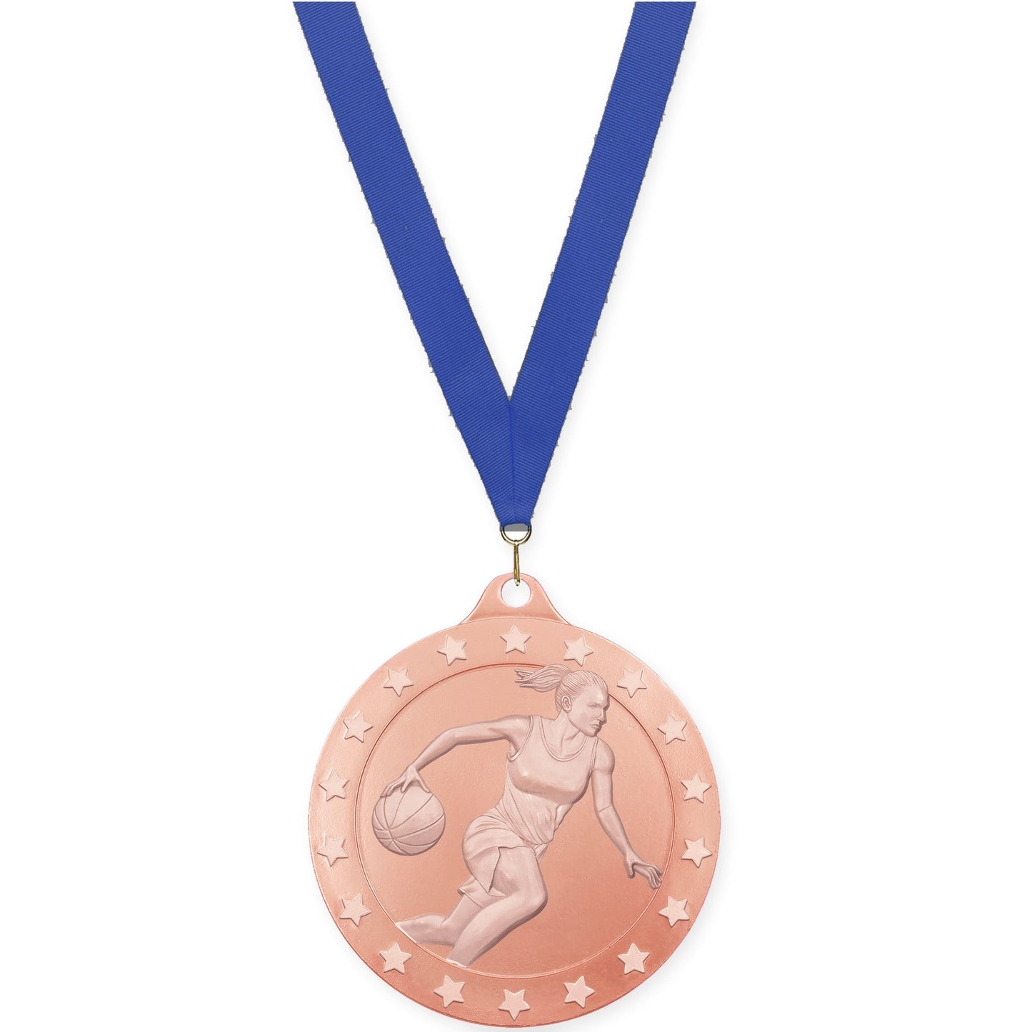 2 inch female basketball Radiance medal in bronze with Blue neck ribbon