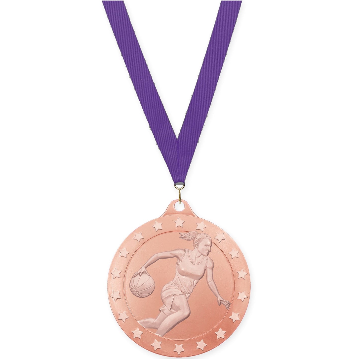 2 inch female basketball Radiance medal in bronze with Purple neck ribbon