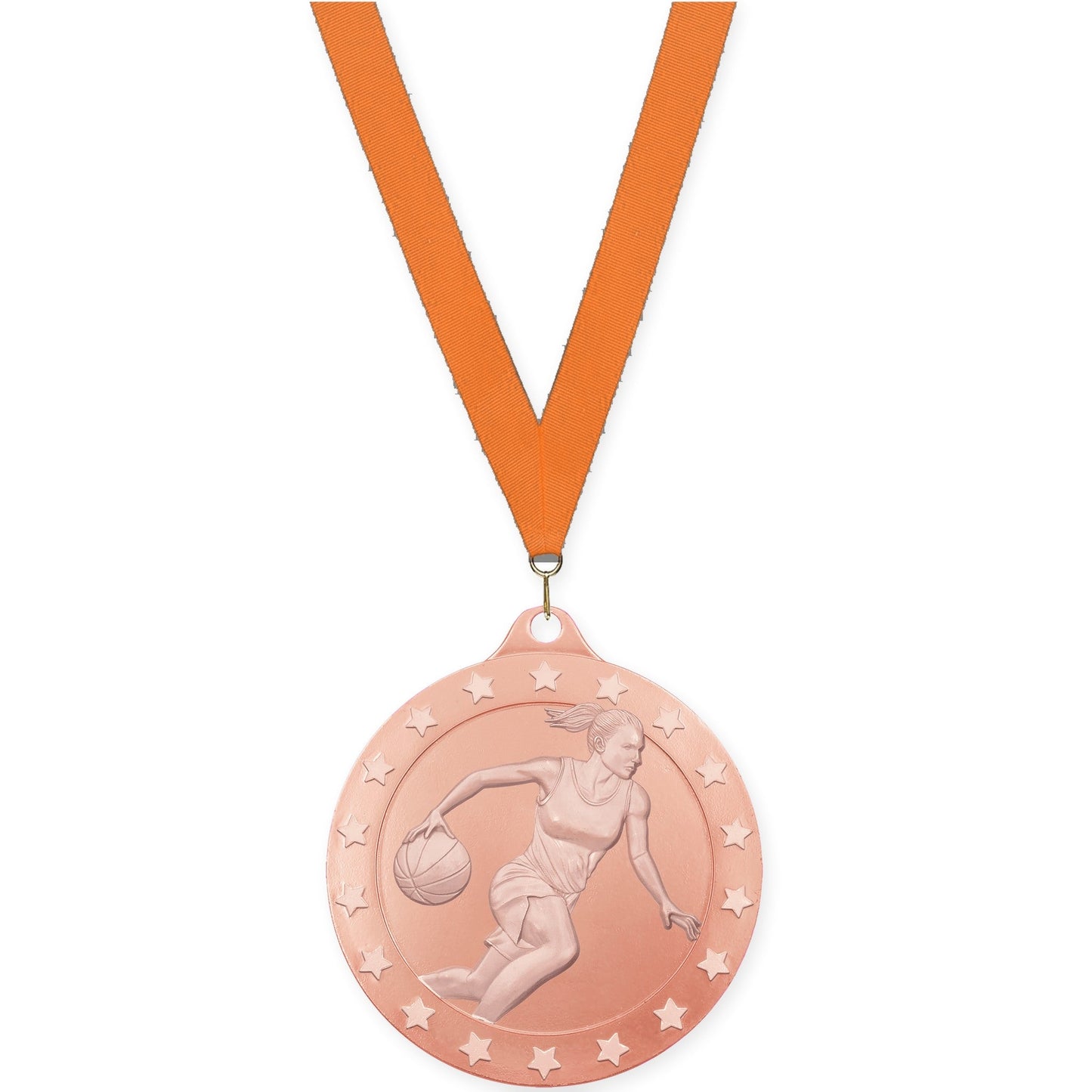2 inch female basketball Radiance medal in bronze with Orange neck ribbon