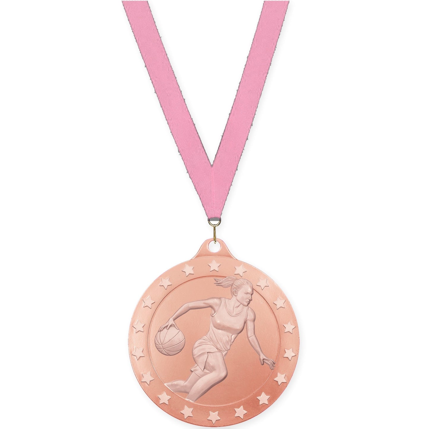 2 inch female basketball Radiance medal in bronze with Pink neck ribbon