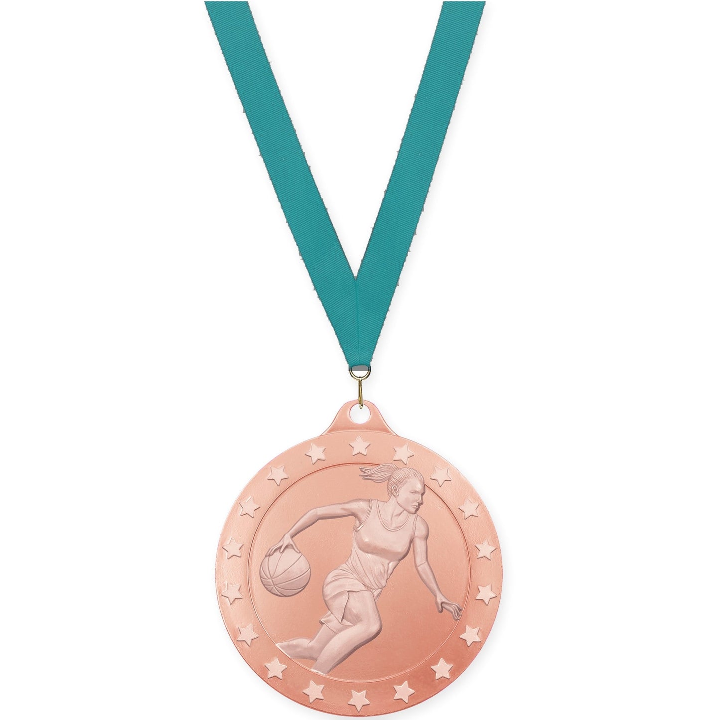 2 inch female basketball Radiance medal in bronze with Teal neck ribbon