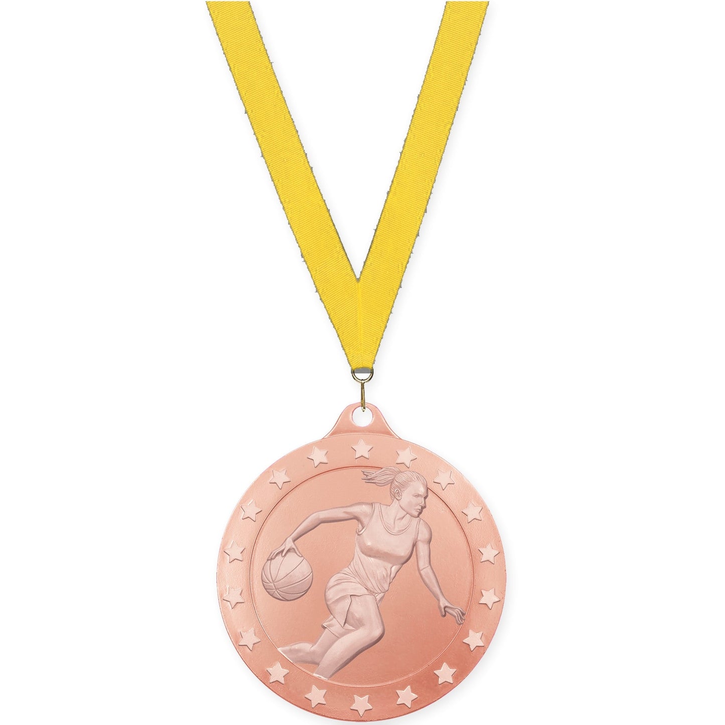 2 inch female basketball Radiance medal in bronze with Yellow neck ribbon