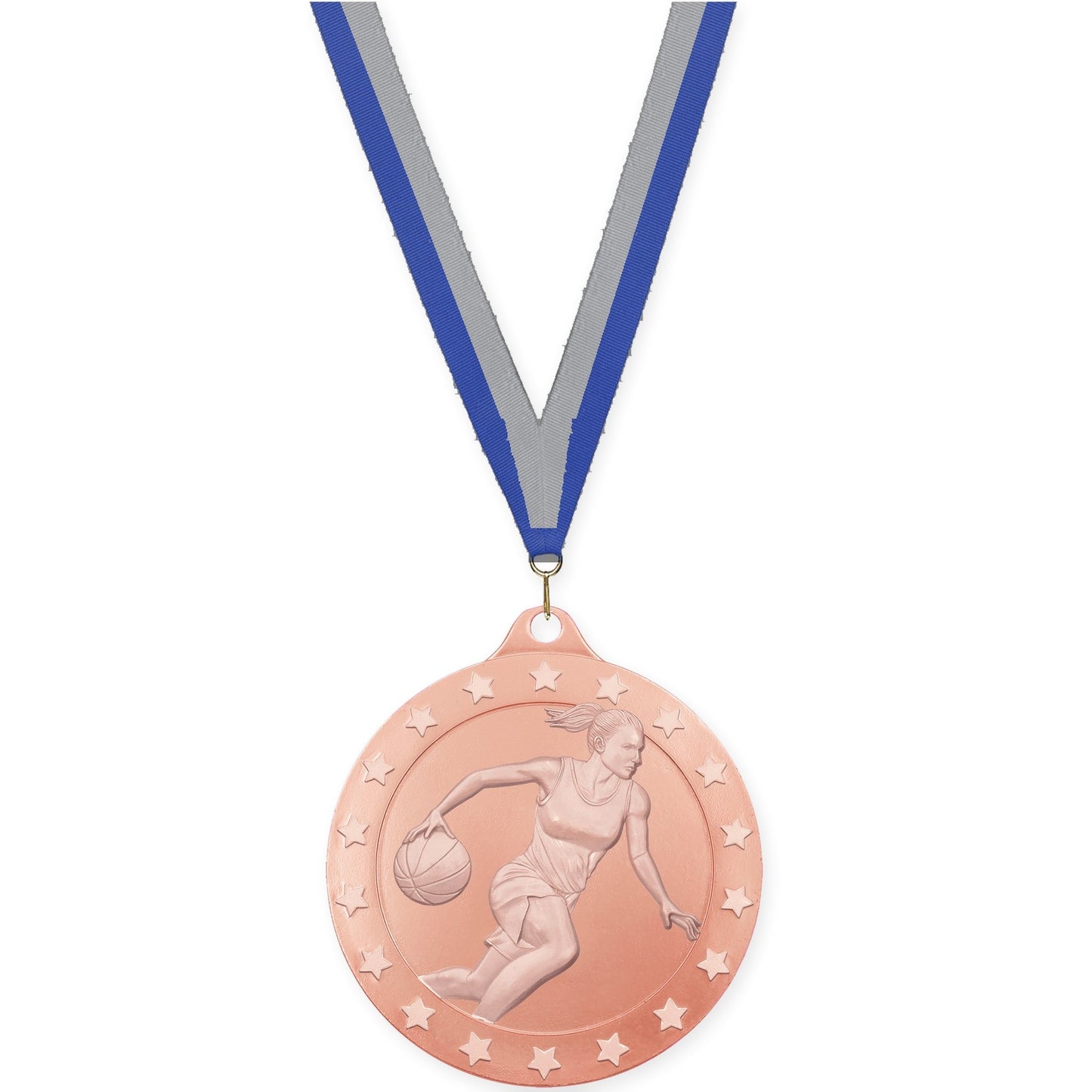 2 inch female basketball Radiance medal in bronze with Blue Gray neck ribbon