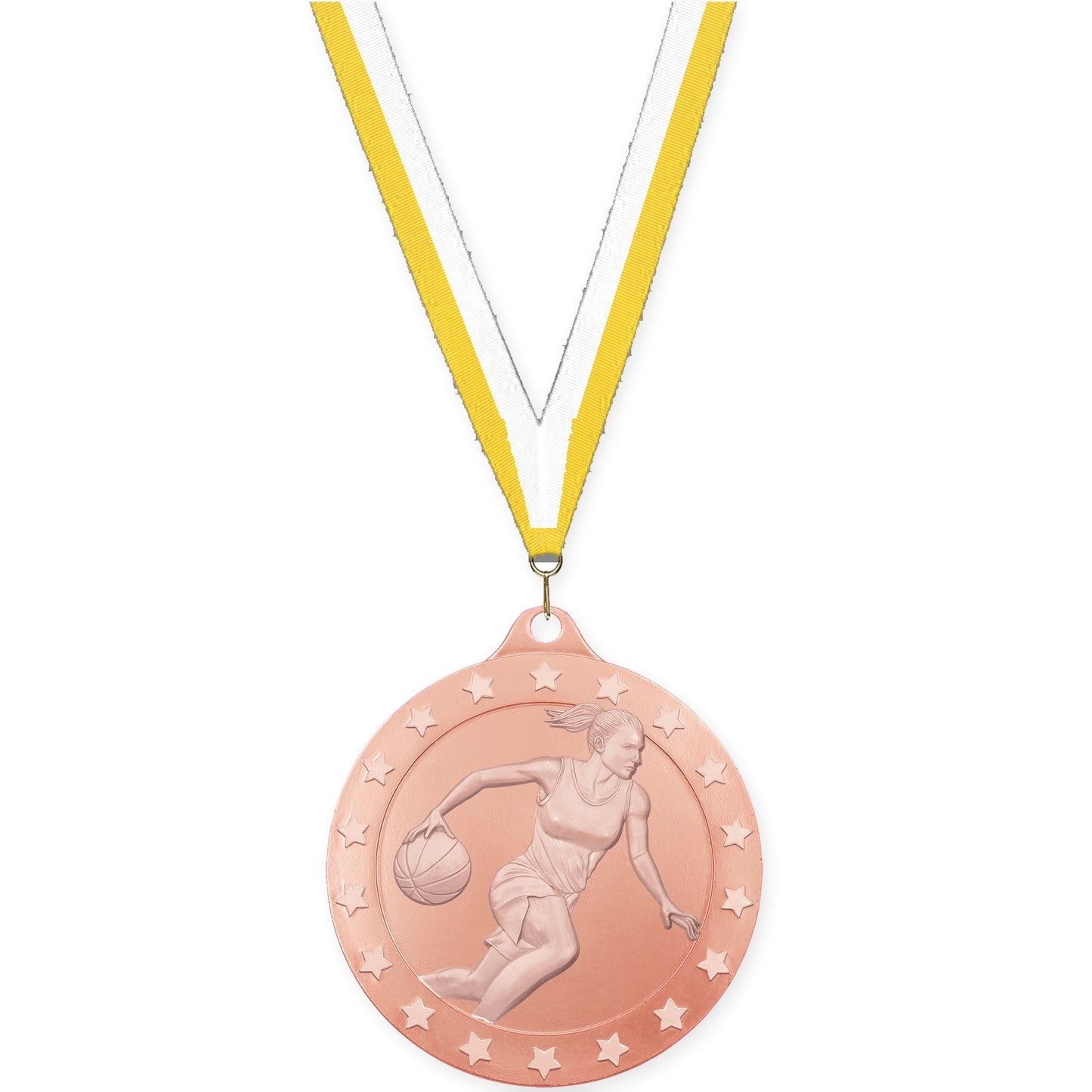 2 inch female basketball Radiance medal in bronze with Yellow White neck ribbon
