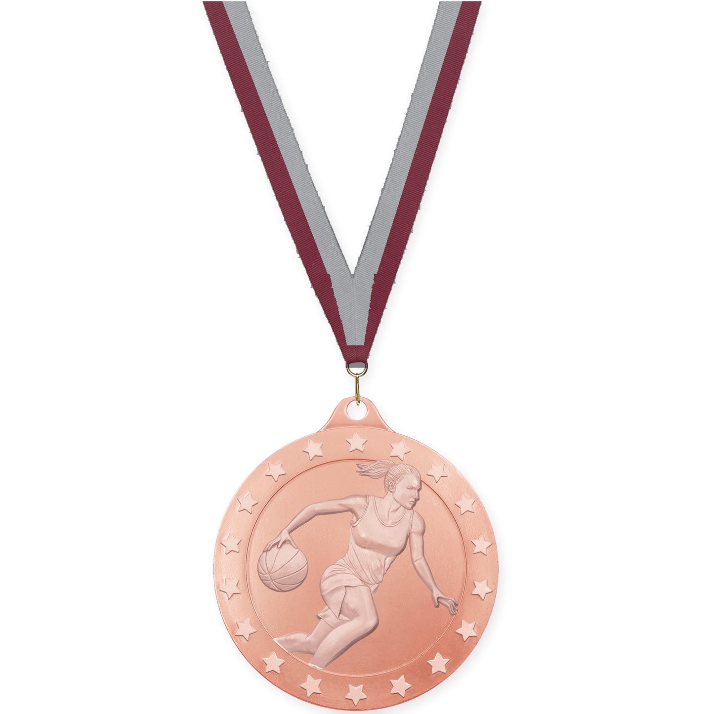 2 inch female basketball Radiance medal in bronze with Maroon Gray neck ribbon