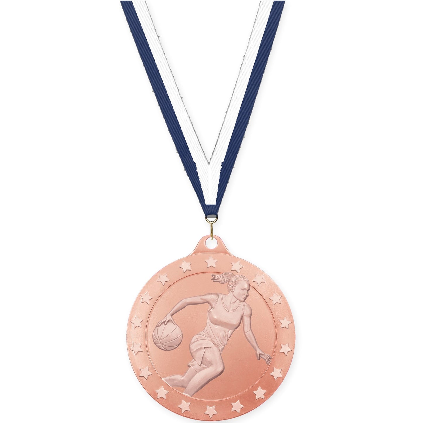2 inch female basketball Radiance medal in bronze with Navy White neck ribbon