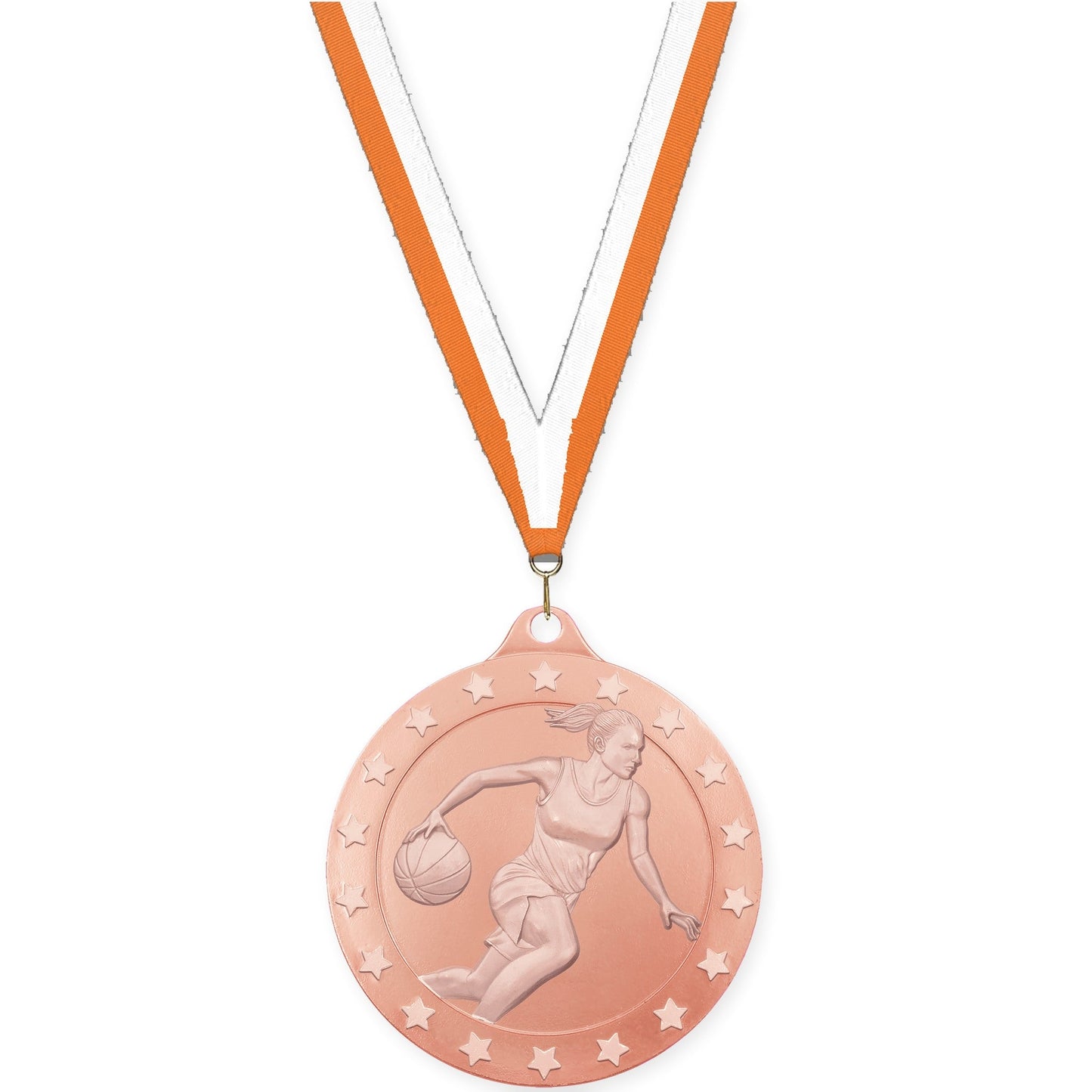 2 inch female basketball Radiance medal in bronze with Orange White neck ribbon