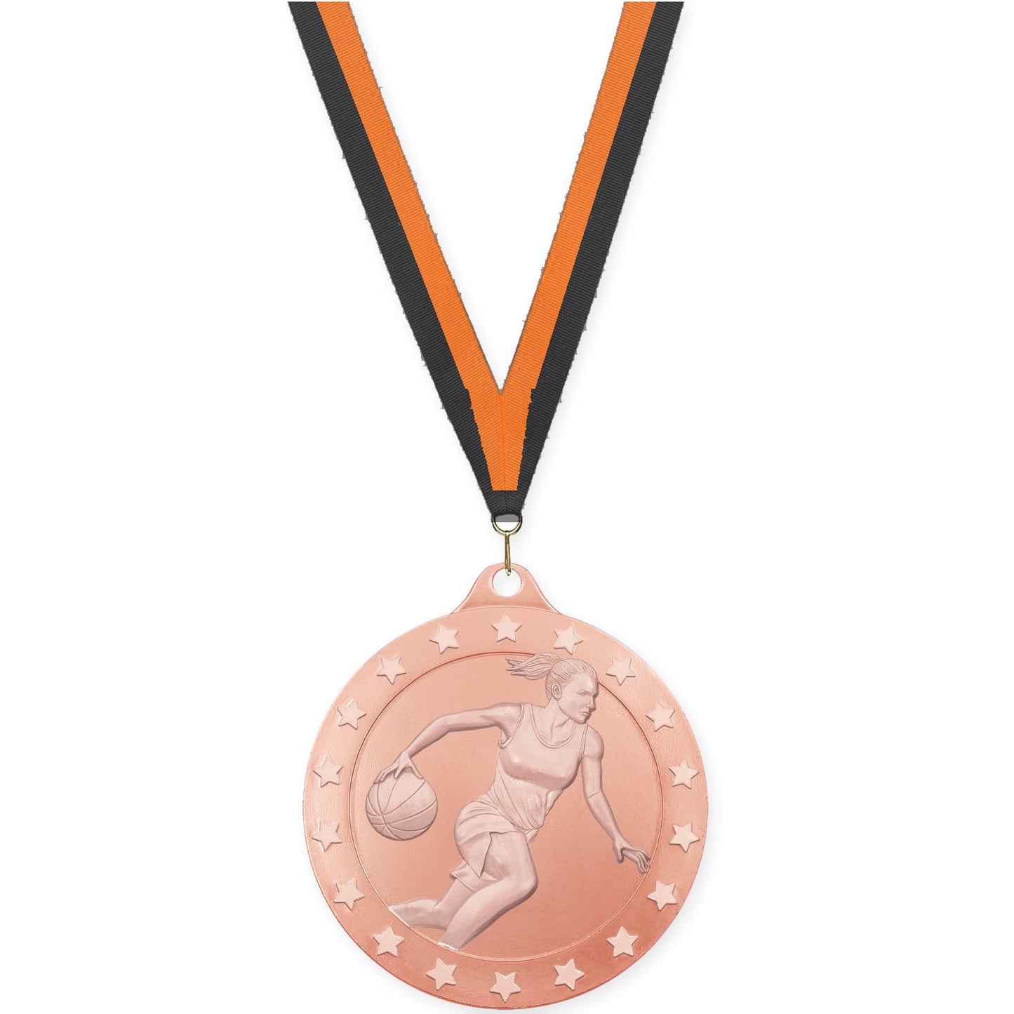 2 inch female basketball Radiance medal in bronze with Black Orange neck ribbon