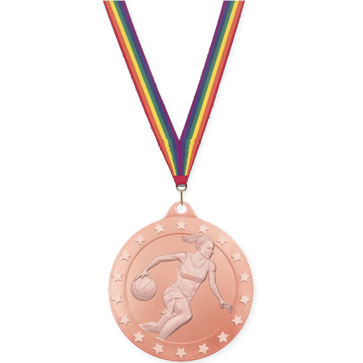 2 inch female basketball Radiance medal in bronze with Rainbow neck ribbon