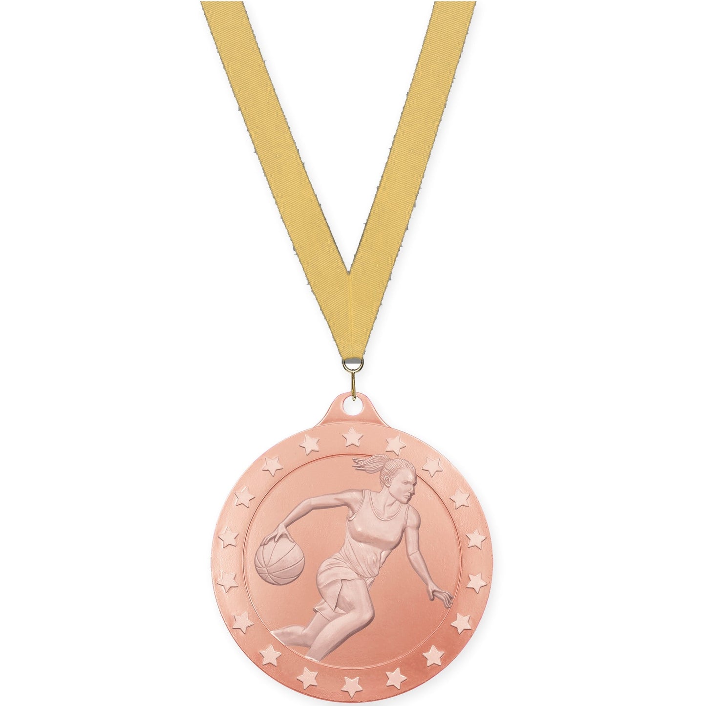 2 inch female basketball Radiance medal in bronze with Gold Metallic neck ribbon