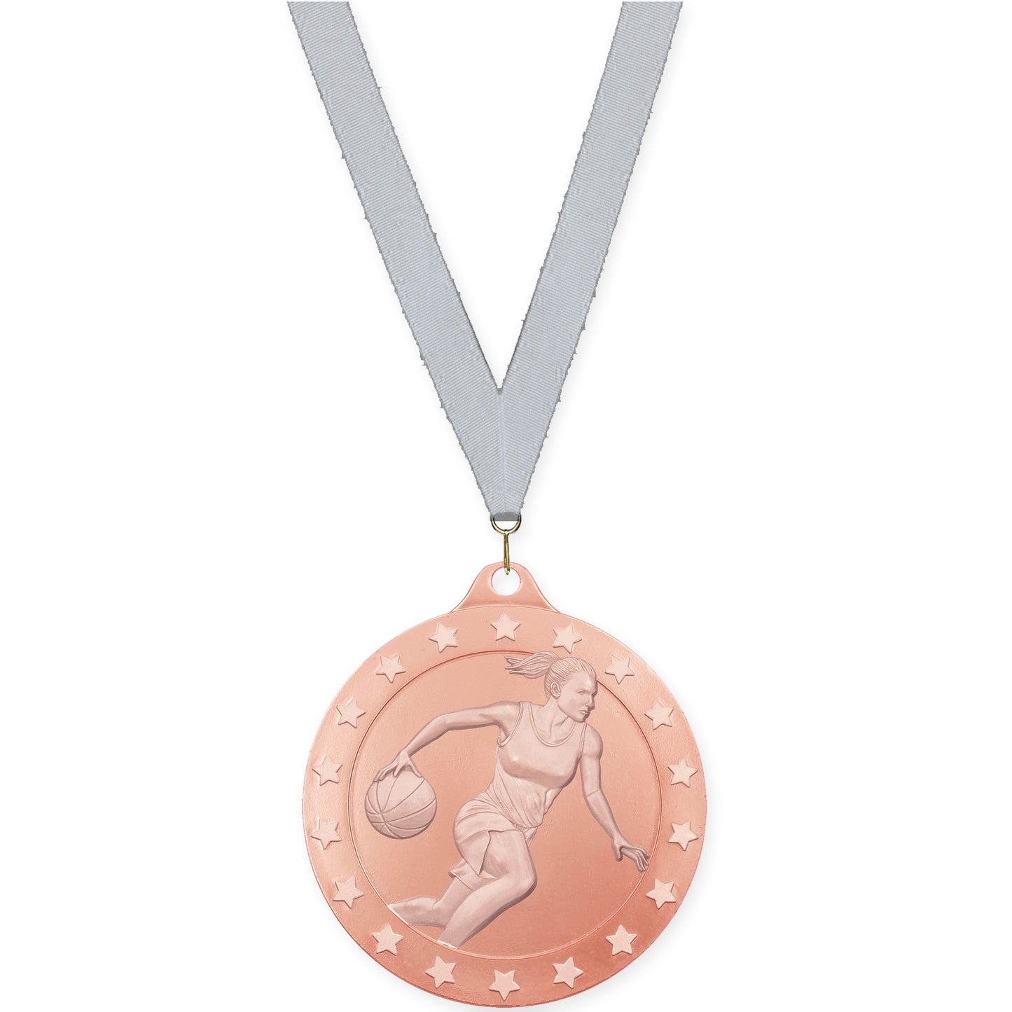 2 inch female basketball Radiance medal in bronze with Silver Metallic neck ribbon