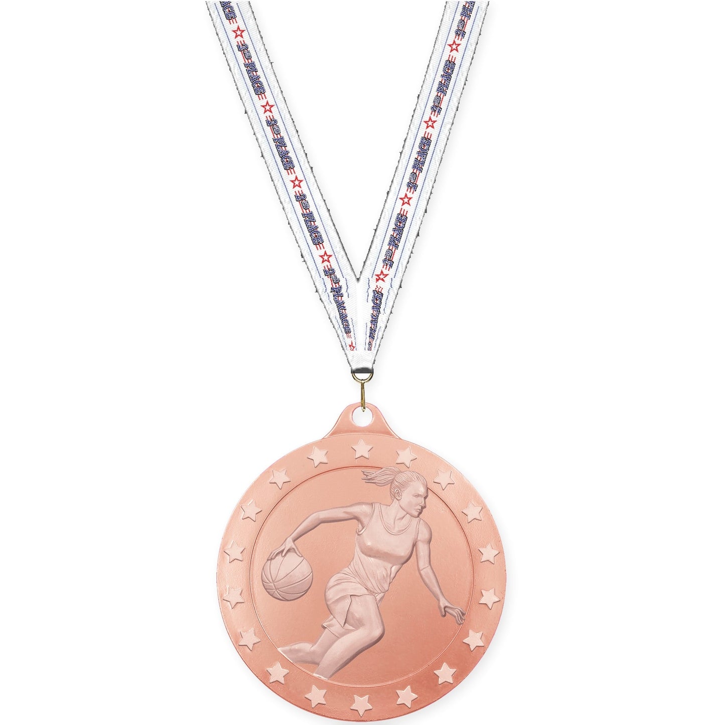 2 inch female basketball Radiance medal in bronze with 2nd Place neck ribbon