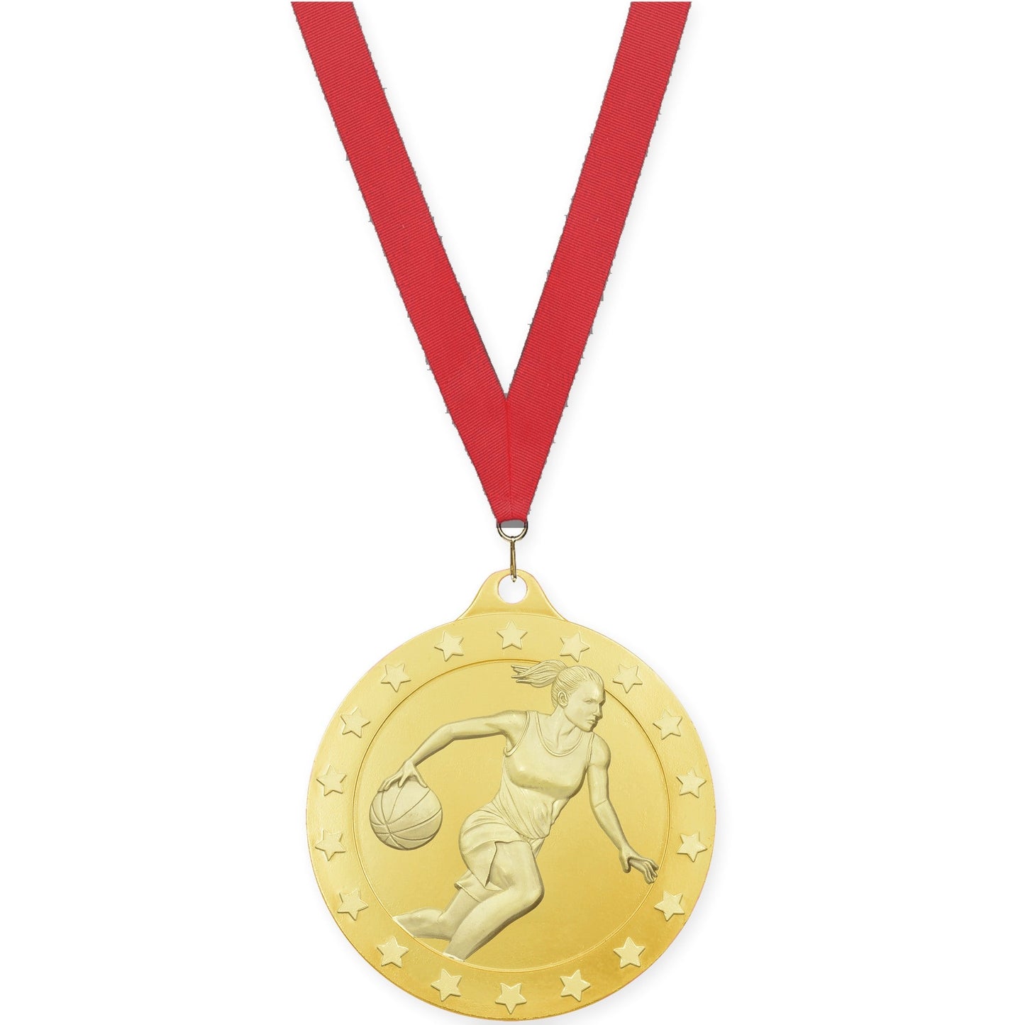 2 inch female basketball Radiance medal in gold with Red neck ribbon