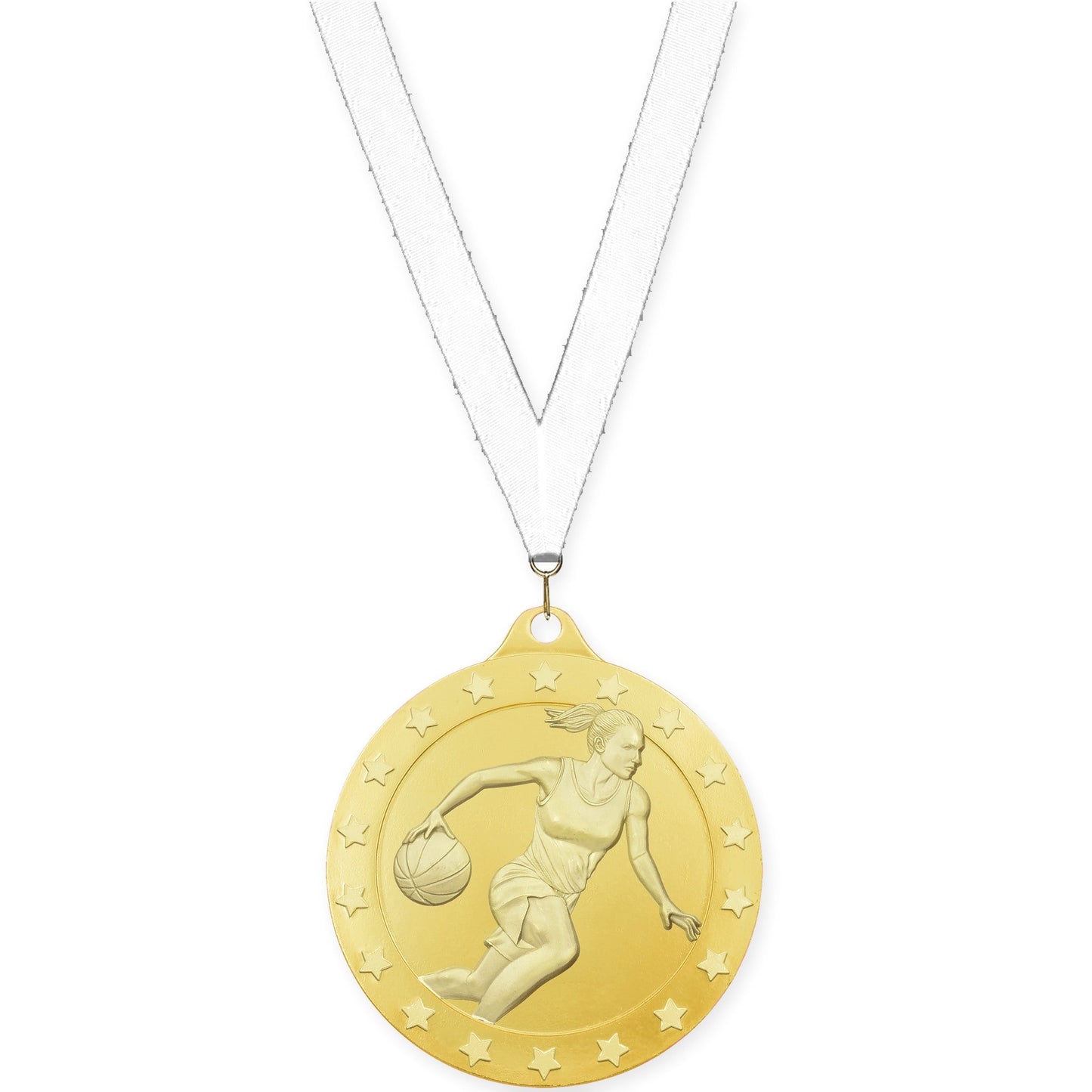 2 inch female basketball Radiance medal in gold with White neck ribbon