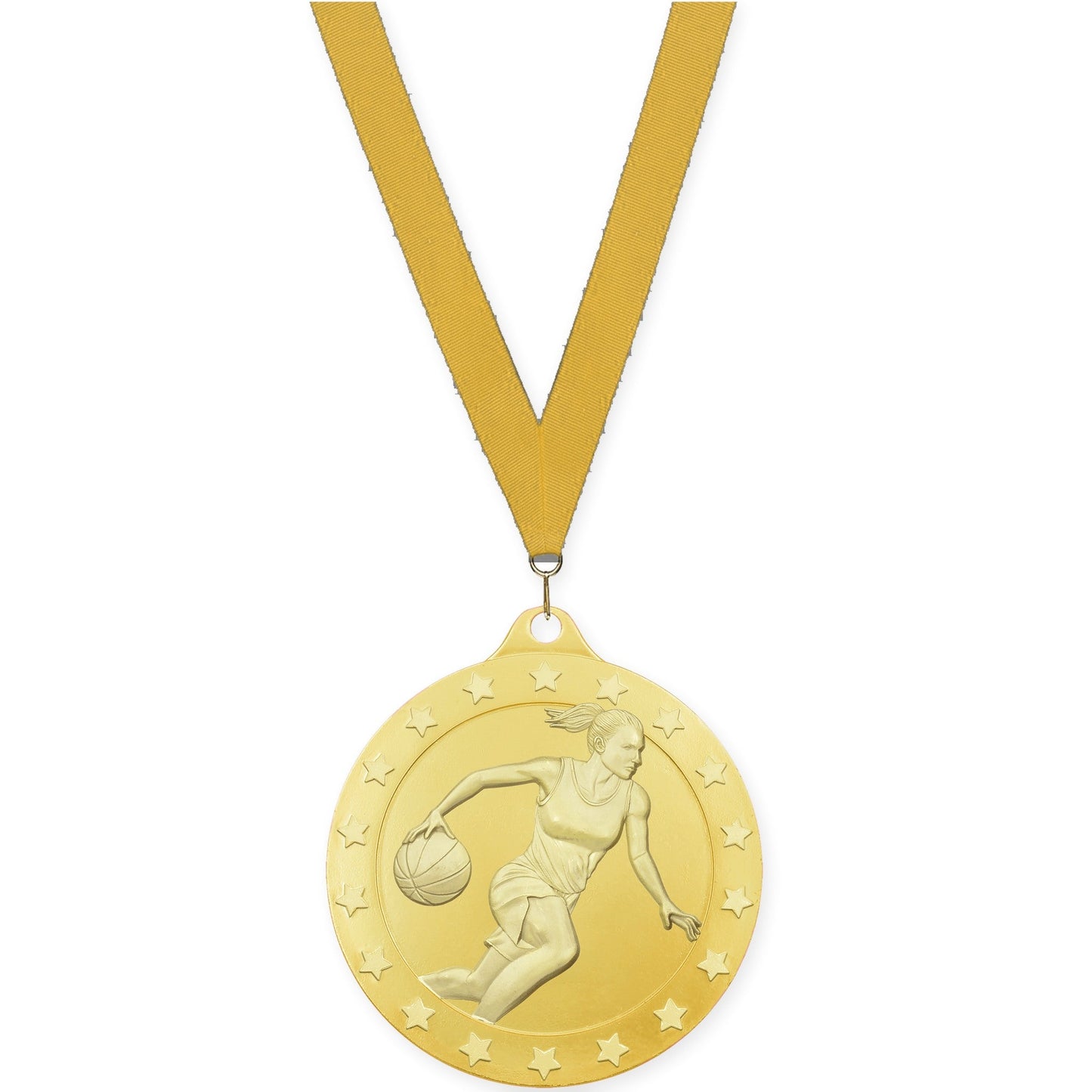 2 inch female basketball Radiance medal in gold with Gold neck ribbon