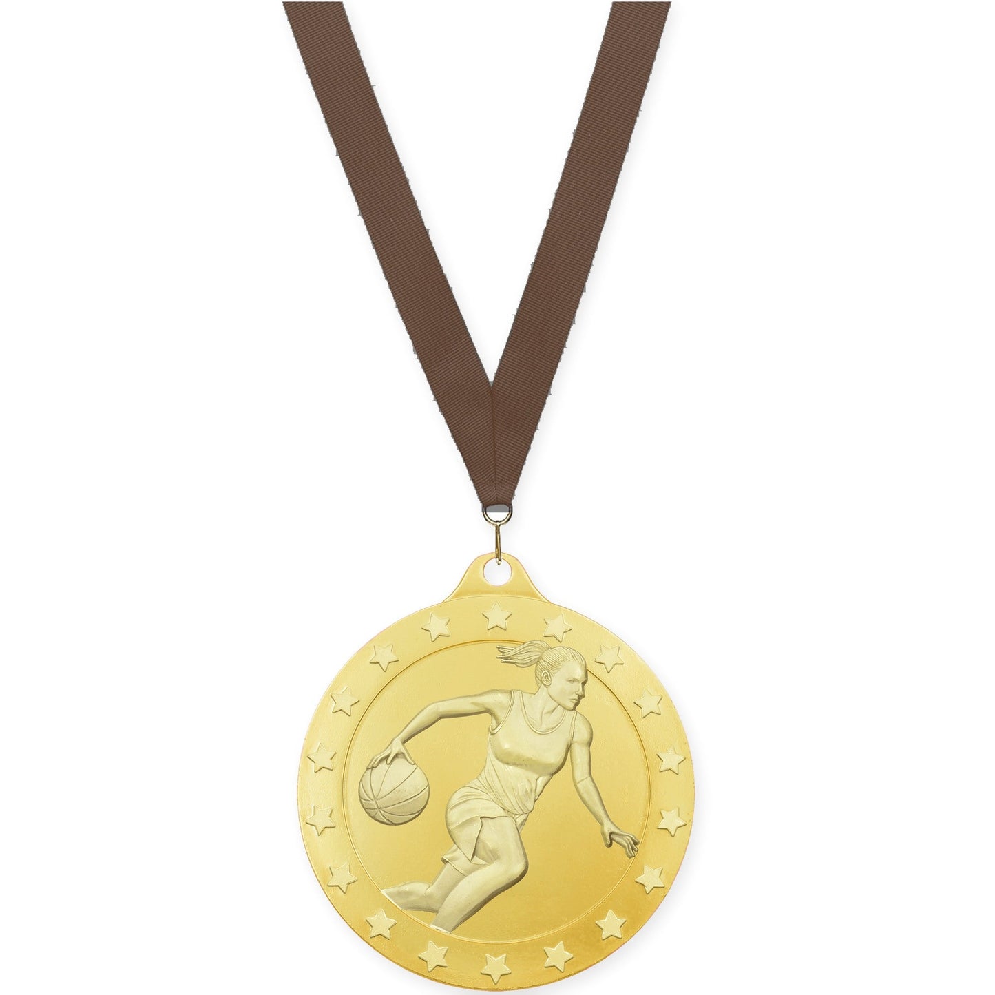 2 inch female basketball Radiance medal in gold with Brown neck ribbon