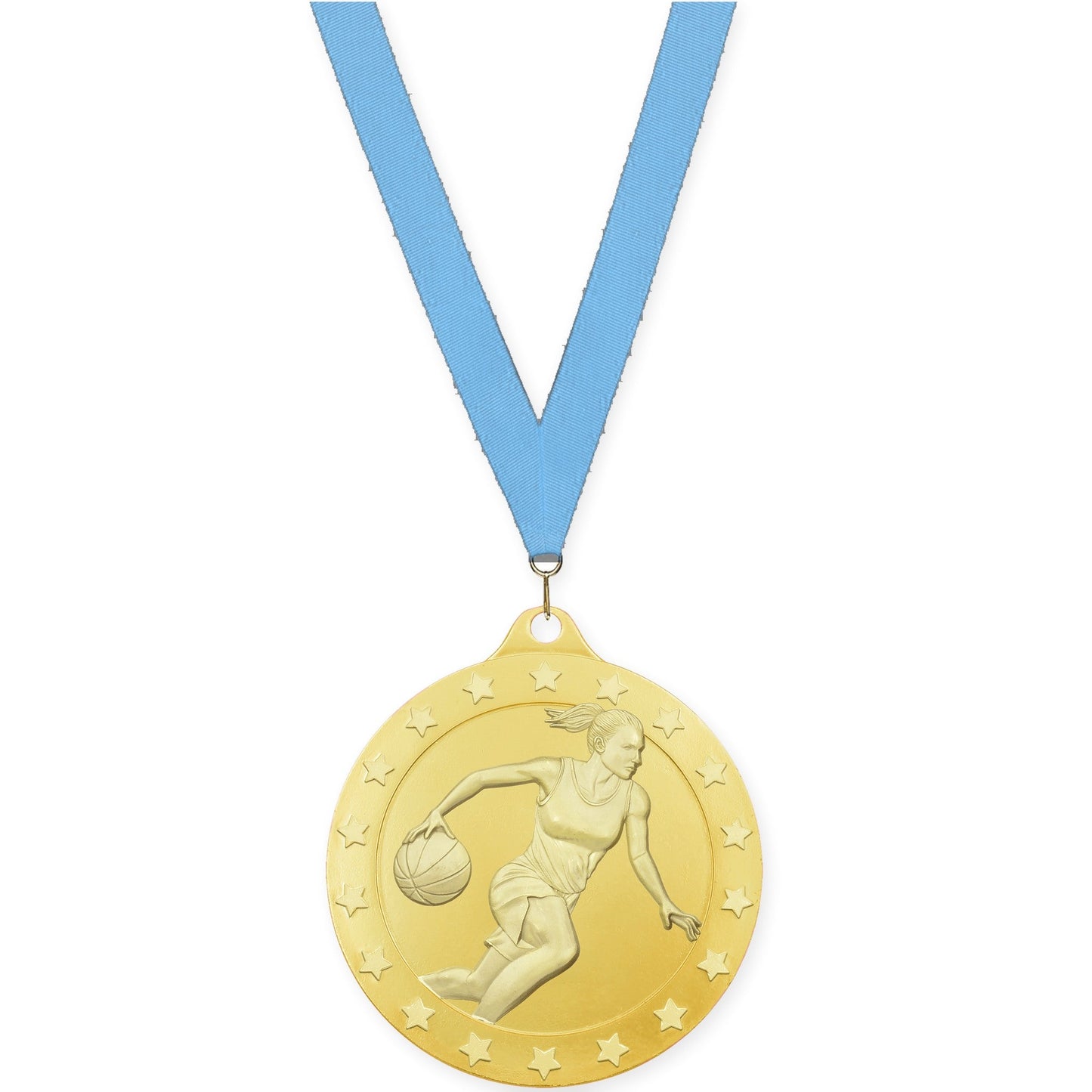 2 inch female basketball Radiance medal in gold with Light Blue neck ribbon
