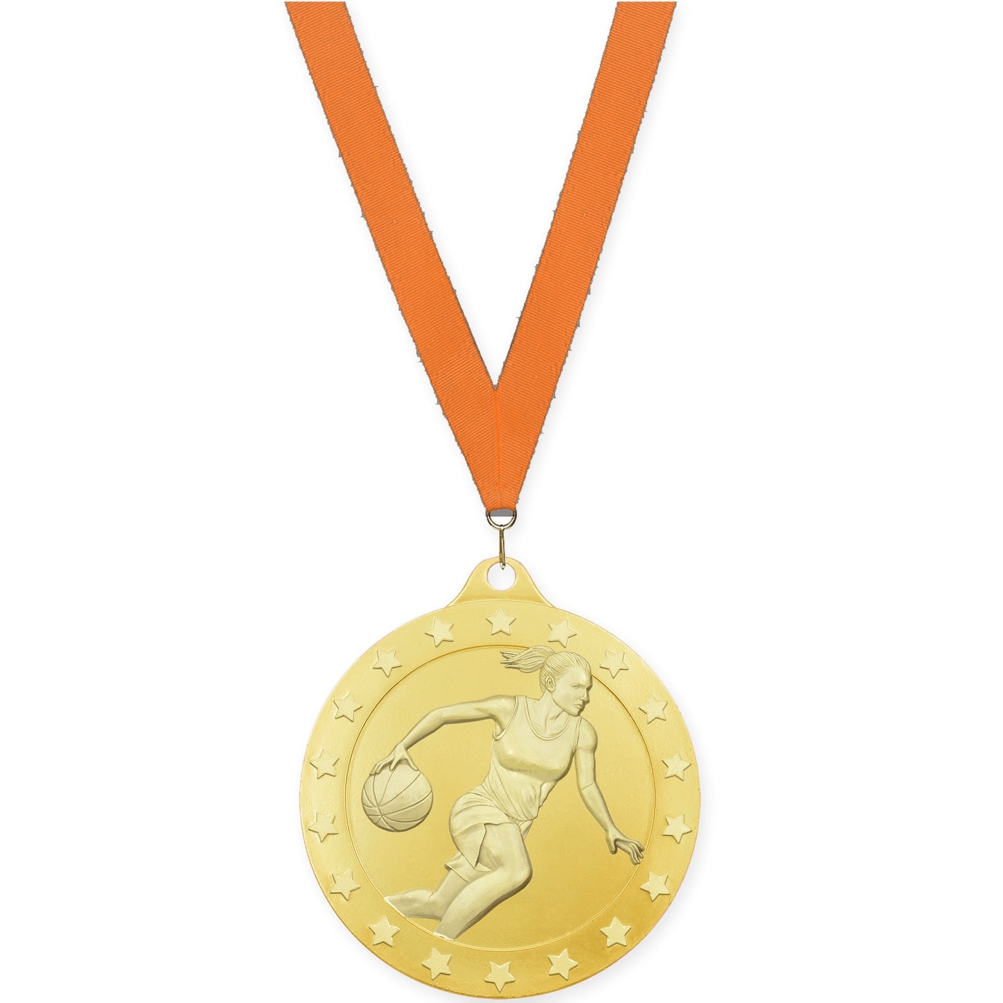 2 inch female basketball Radiance medal in gold with Orange neck ribbon