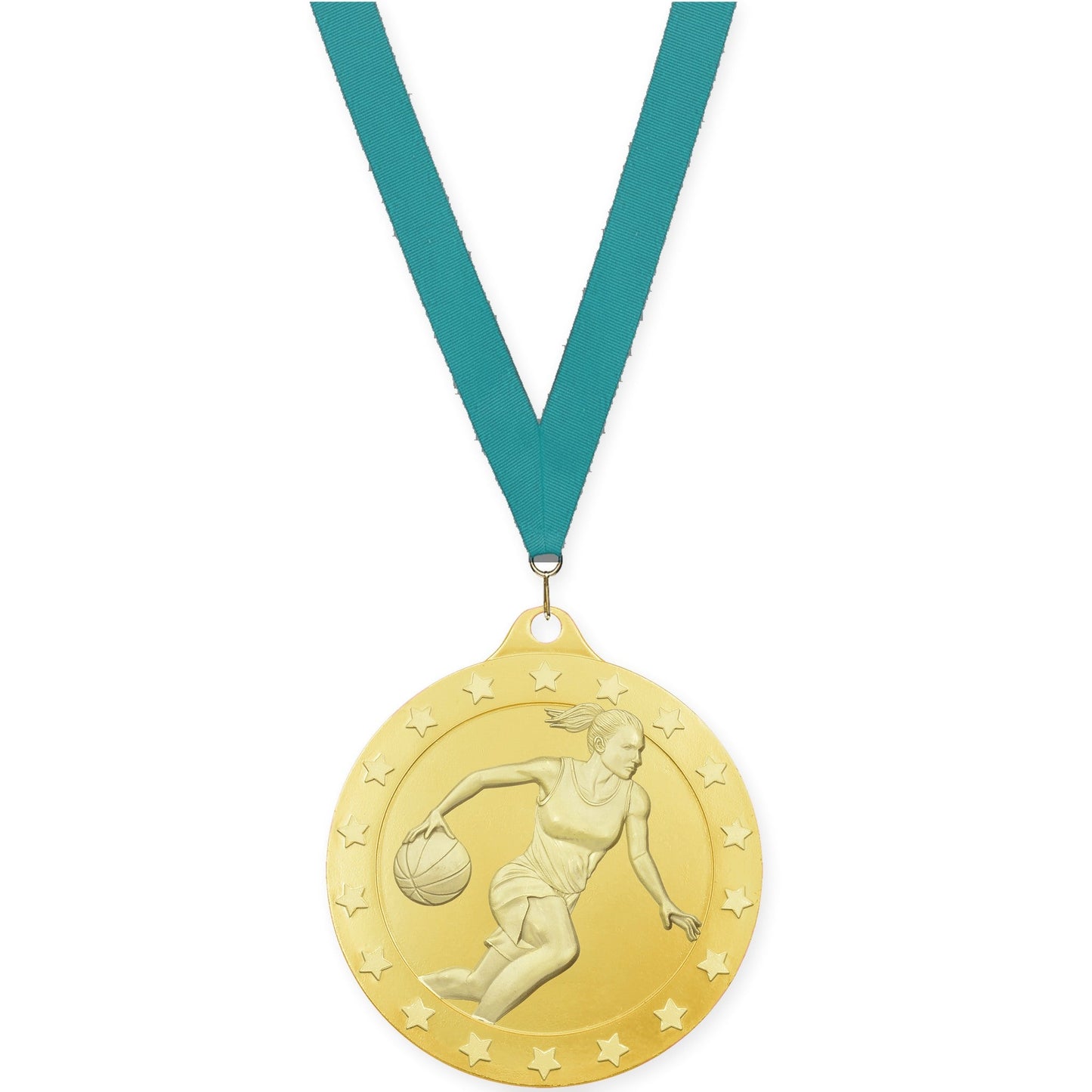 2 inch female basketball Radiance medal in gold with Teal neck ribbon