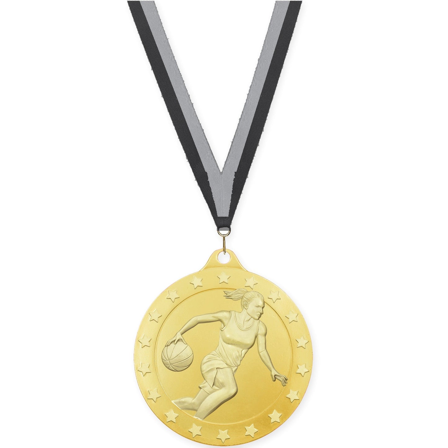 2 inch female basketball Radiance medal in gold with Black Gray neck ribbon