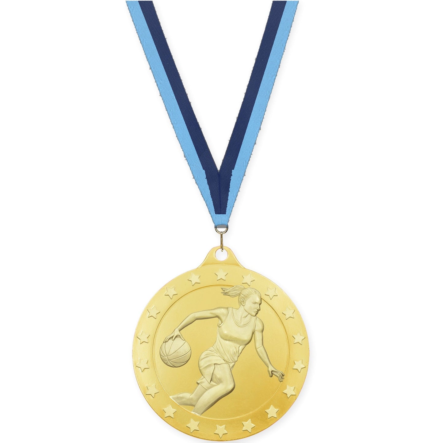 2 inch female basketball Radiance medal in gold with Light Blue Navy neck ribbon