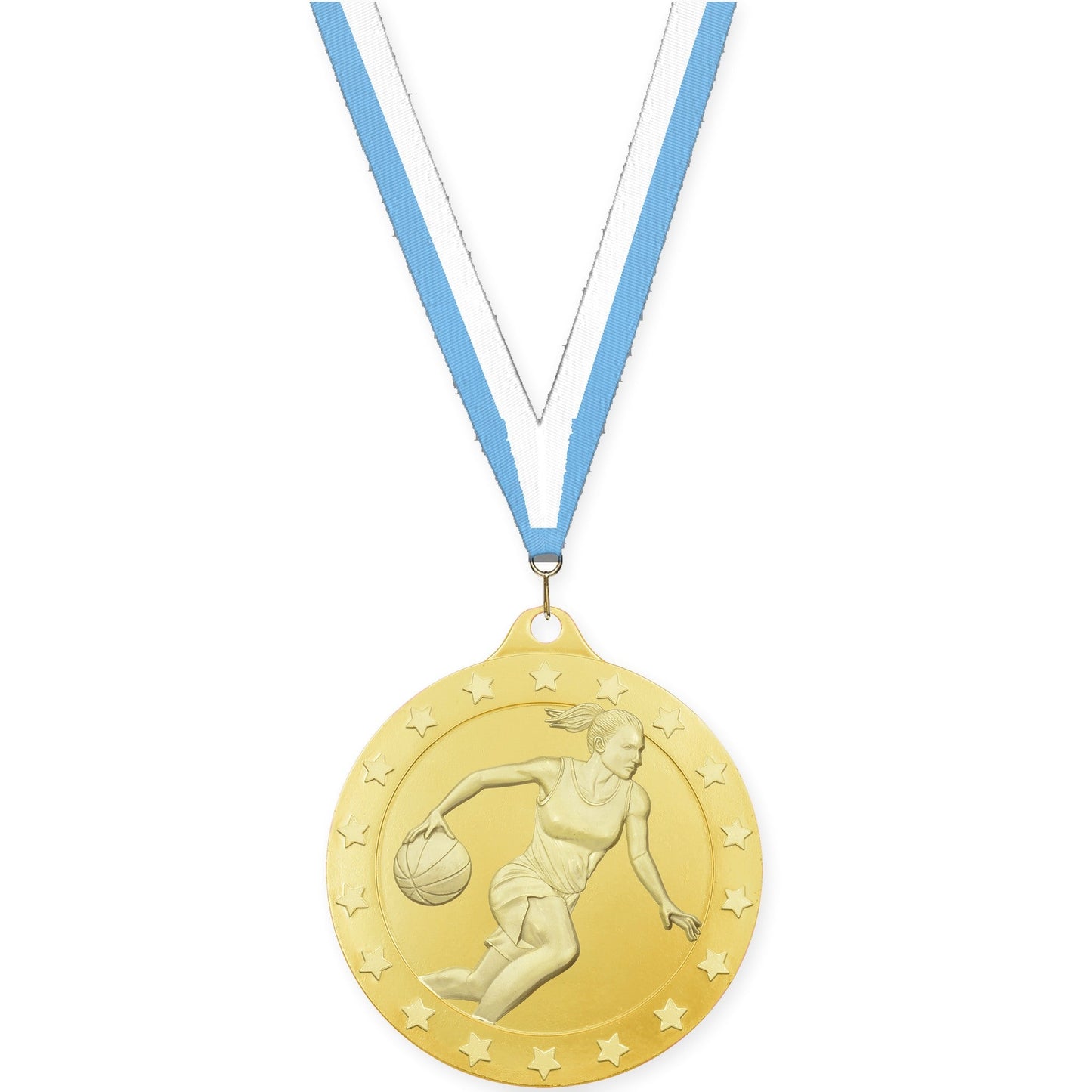 2 inch female basketball Radiance medal in gold with Light Blue White neck ribbon