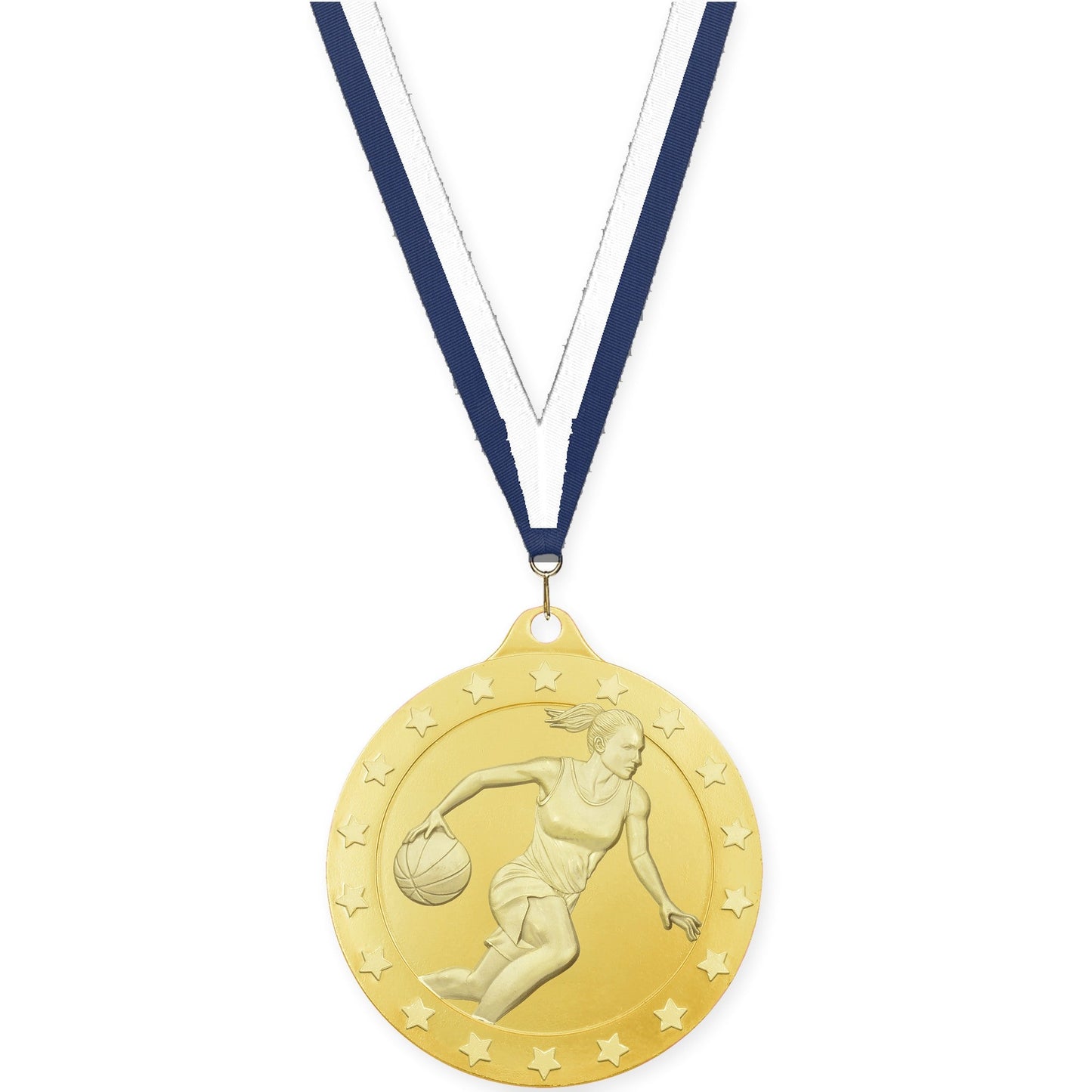 2 inch female basketball Radiance medal in gold with Navy White neck ribbon