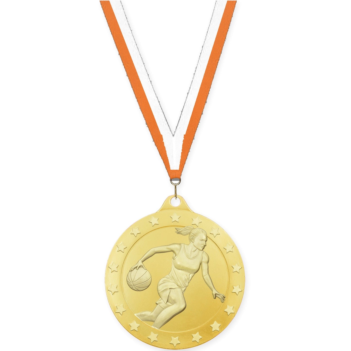 2 inch female basketball Radiance medal in gold with Orange White neck ribbon