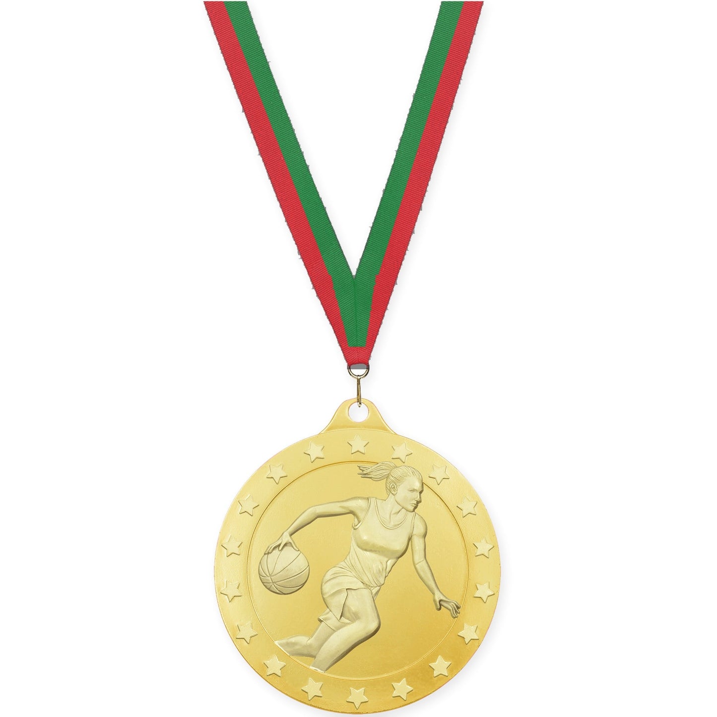 2 inch female basketball Radiance medal in gold with Red Green neck ribbon