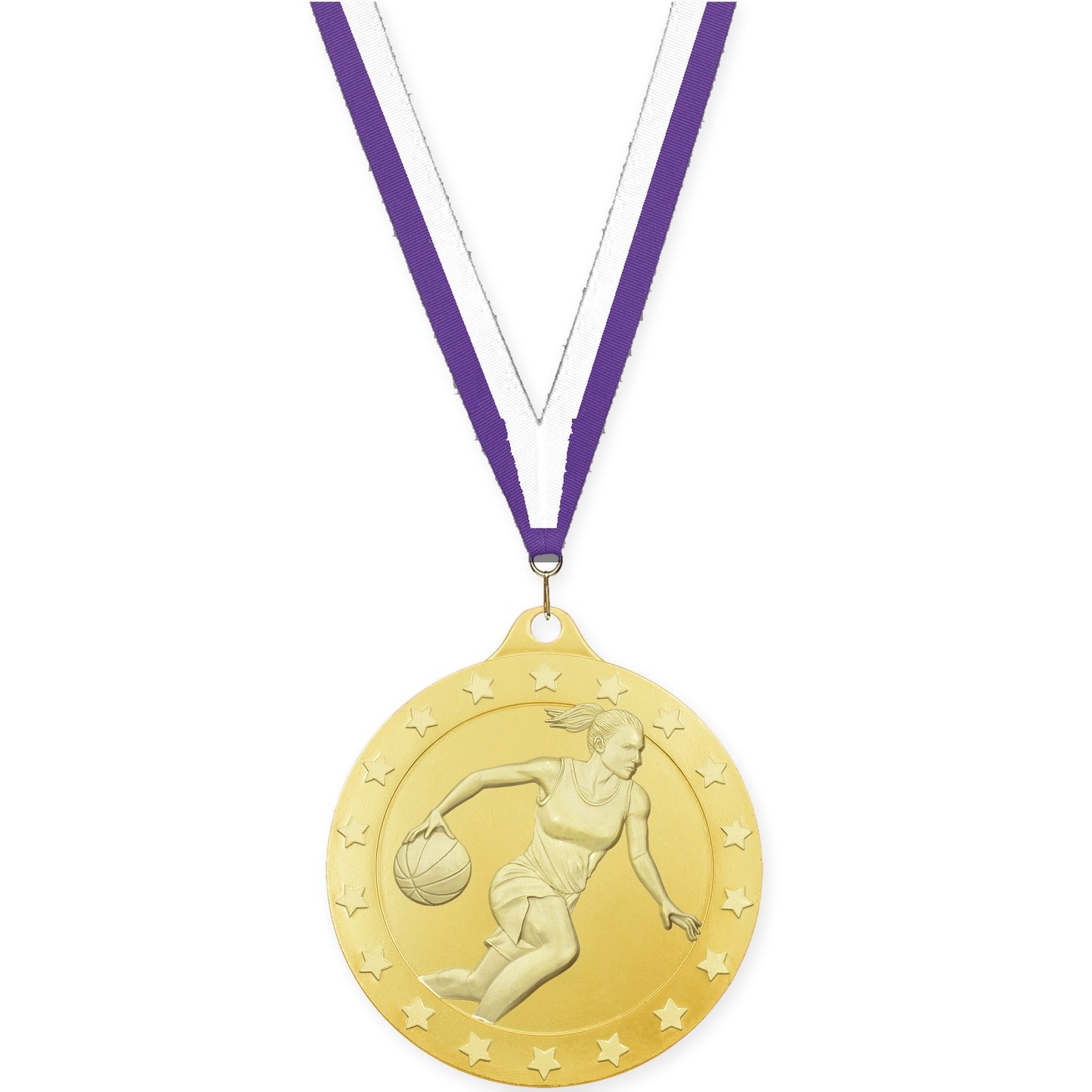 2 inch female basketball Radiance medal in gold with Purple White neck ribbon