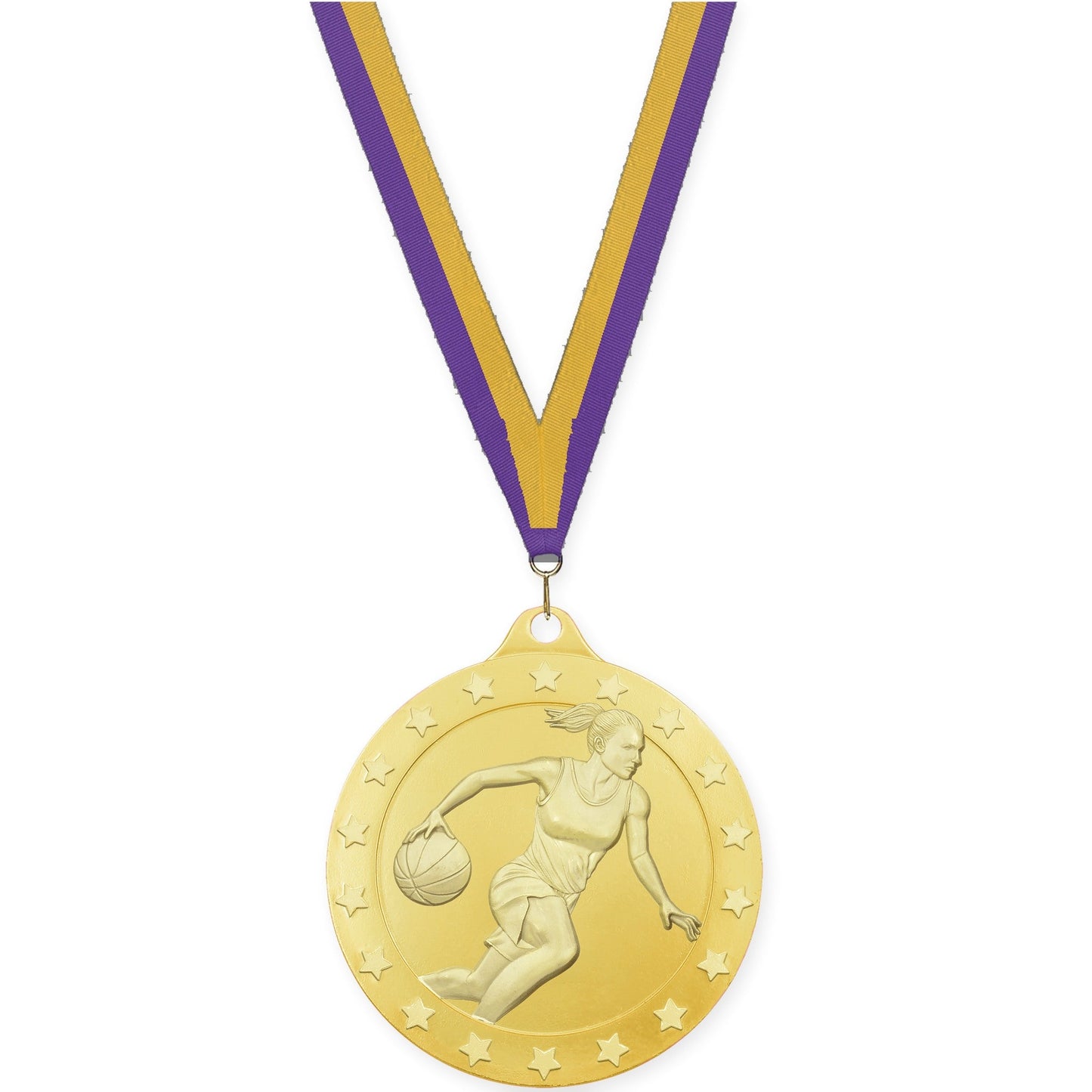 2 inch female basketball Radiance medal in gold with Purple Gold neck ribbon