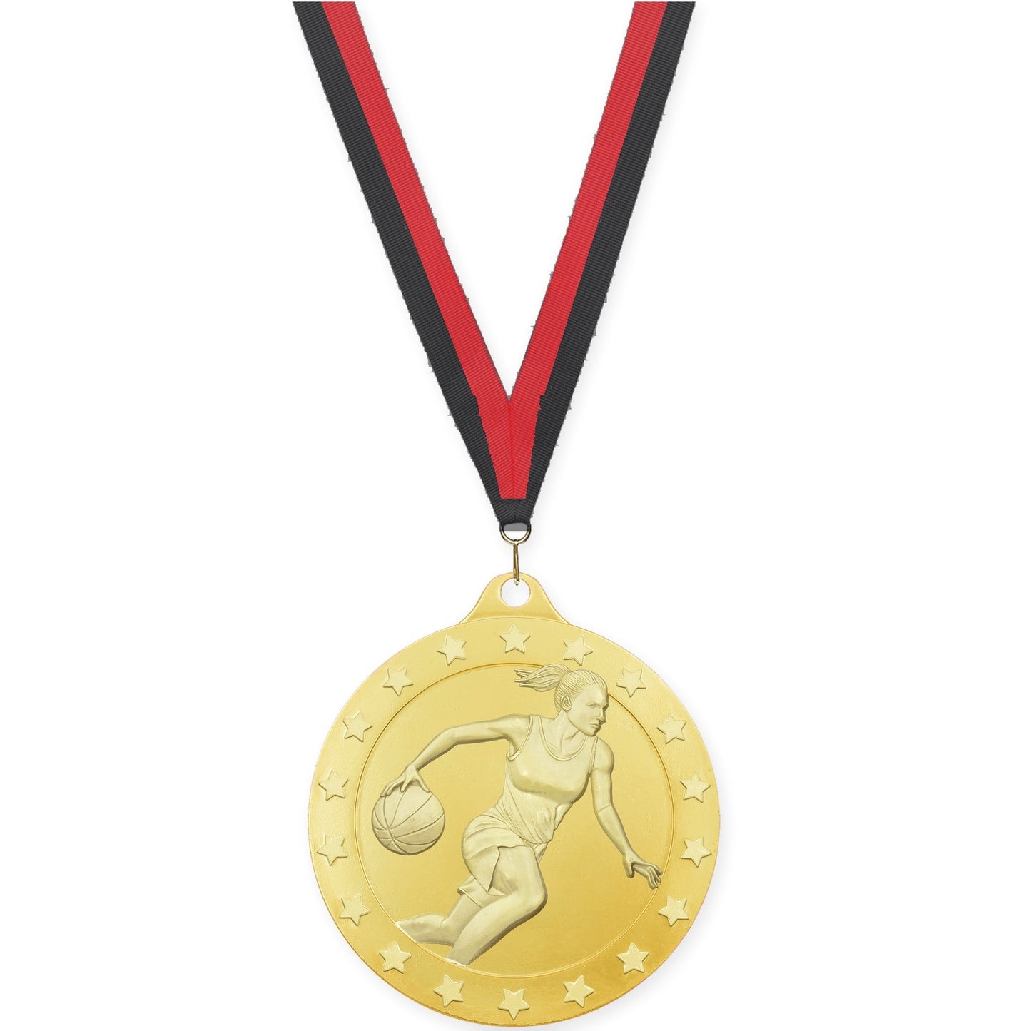 2 inch female basketball Radiance medal in gold with Black Red neck ribbon