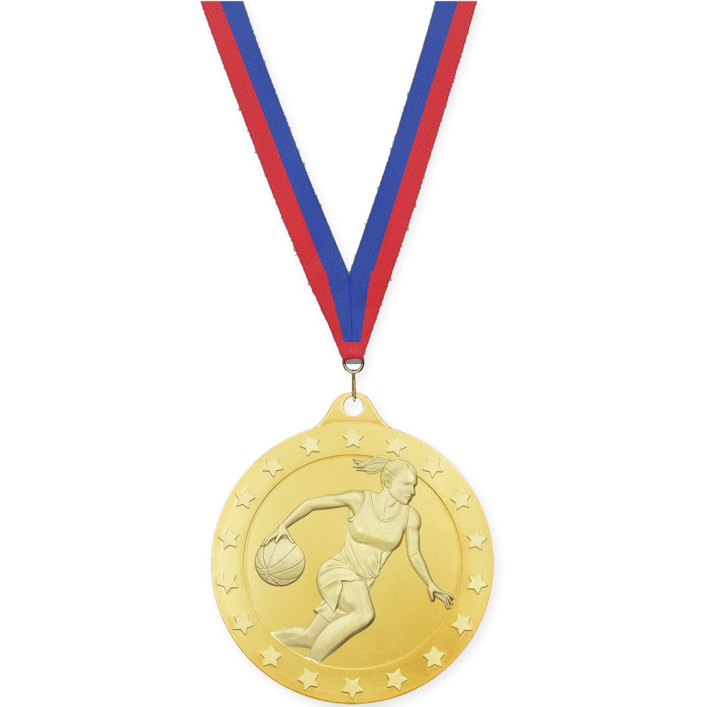 2 inch female basketball Radiance medal in gold with Blue Red neck ribbon