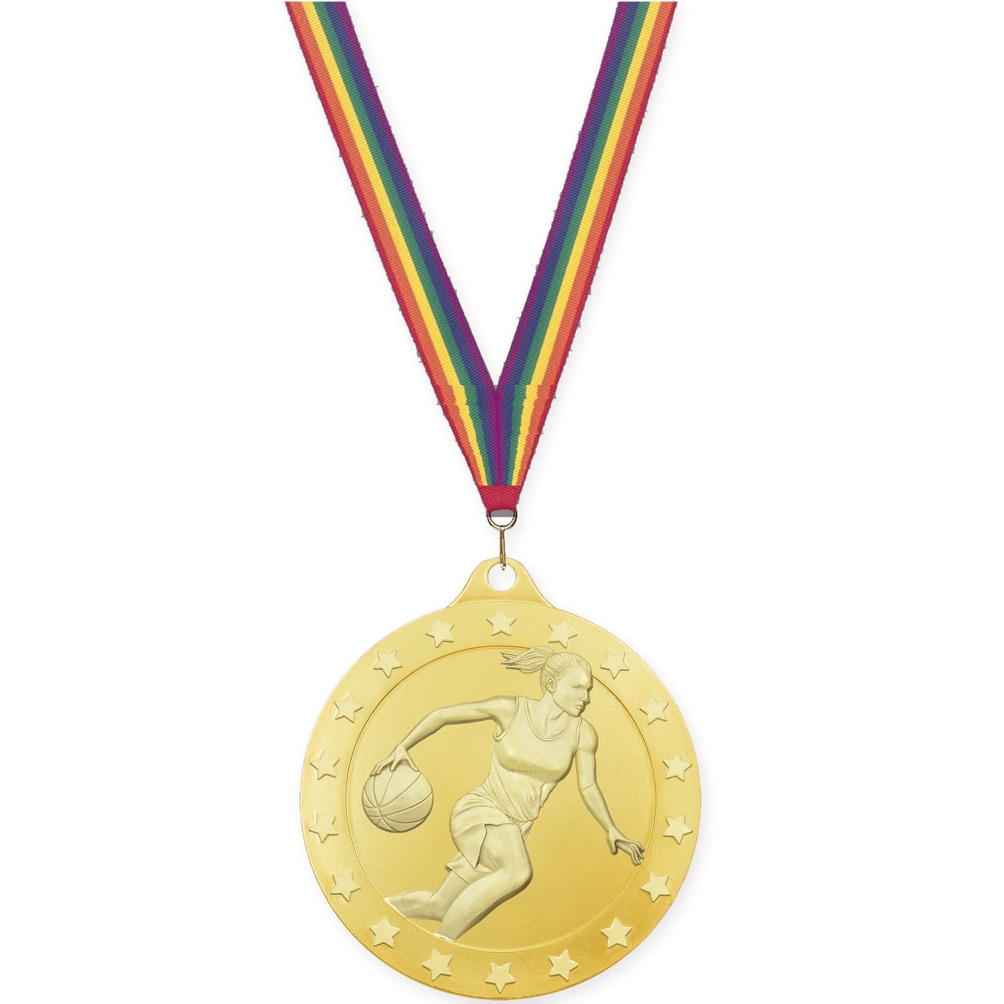 2 inch female basketball Radiance medal in gold with Rainbow neck ribbon