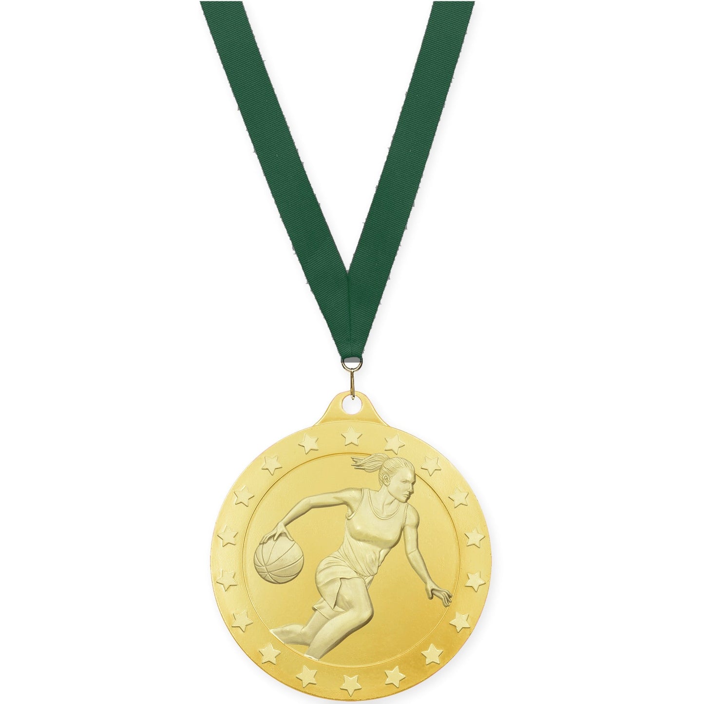 2 inch female basketball Radiance medal in gold with Hunter Green neck ribbon