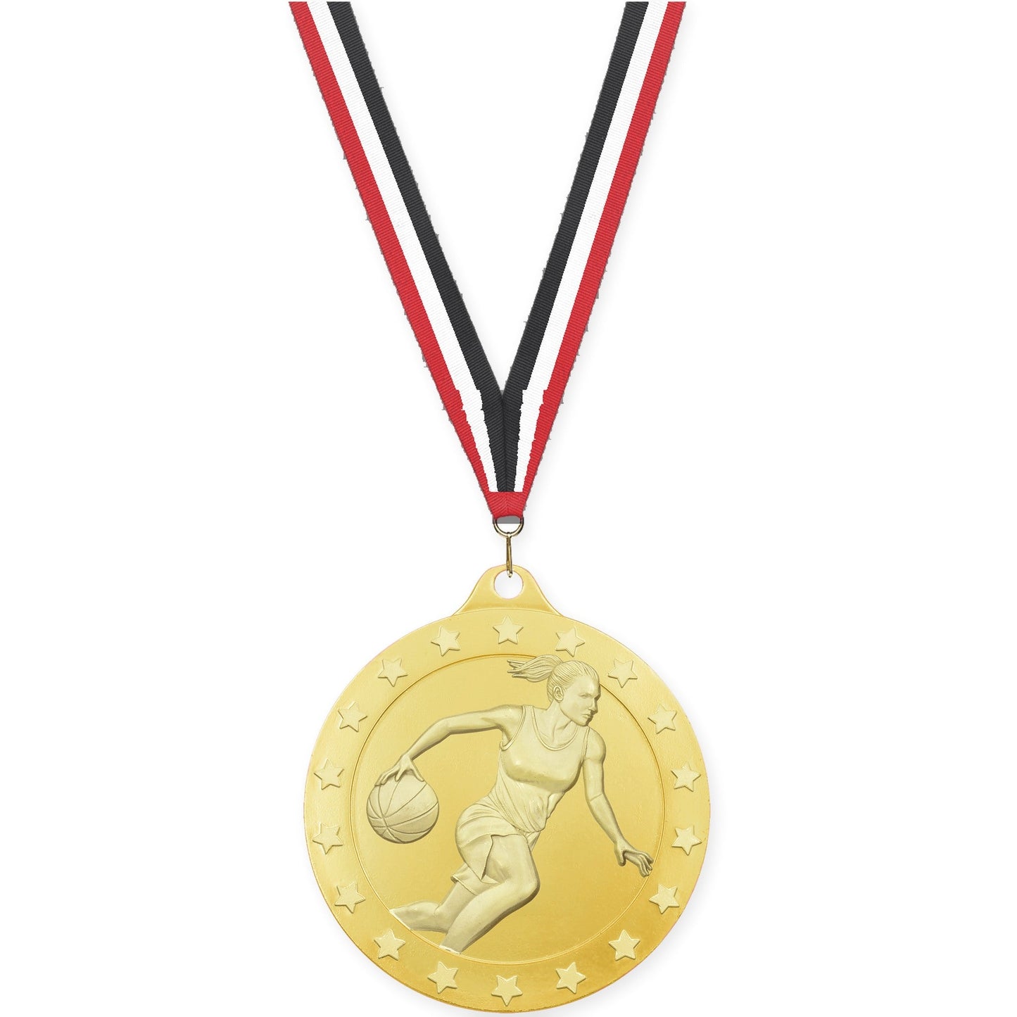 2 inch female basketball Radiance medal in gold with Red White Black neck ribbon