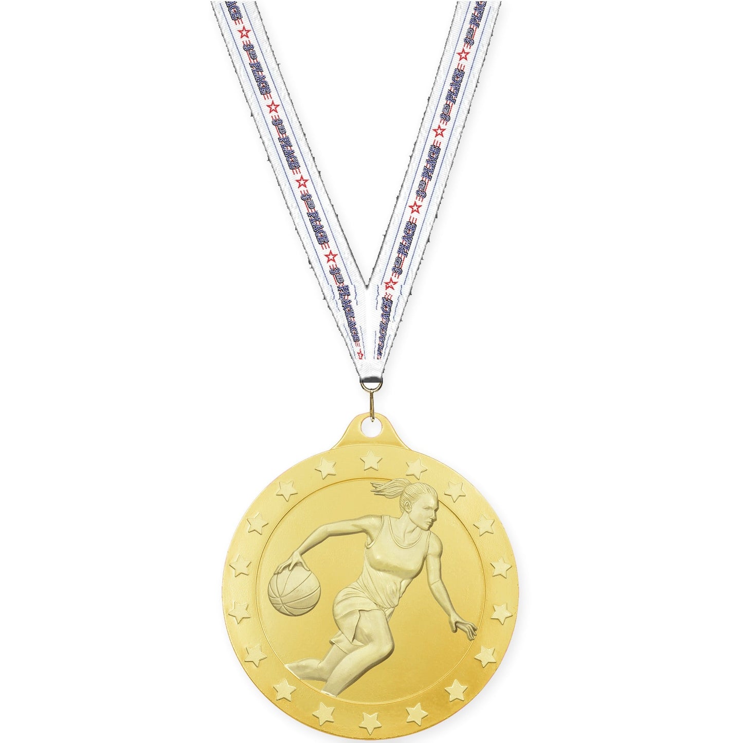 2 inch female basketball Radiance medal in gold with 3rd Place neck ribbon