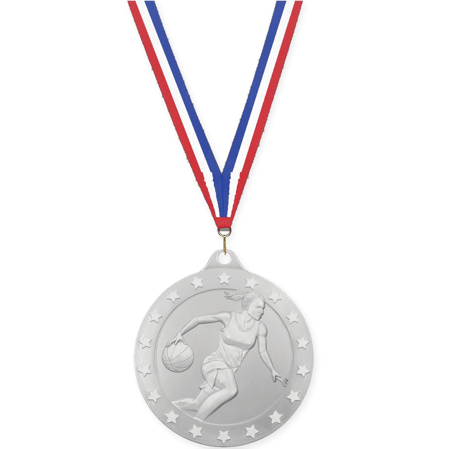 2 inch female basketball Radiance medal in silver with Red White Blue neck ribbon