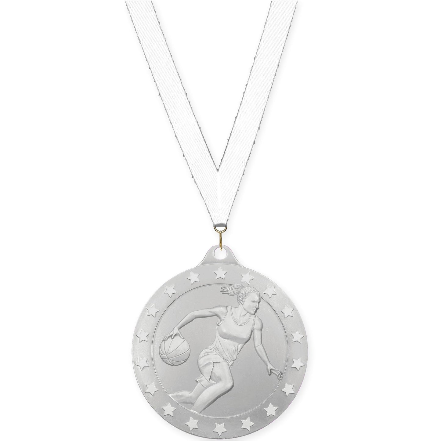 2 inch female basketball Radiance medal in silver with White neck ribbon