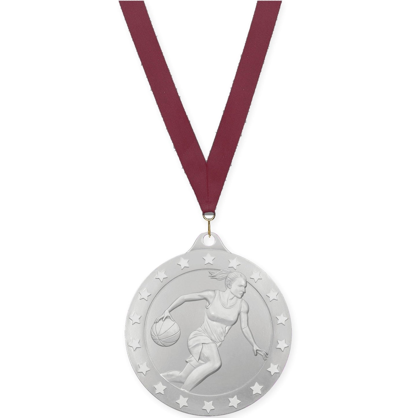 2 inch female basketball Radiance medal in silver with Maroon neck ribbon