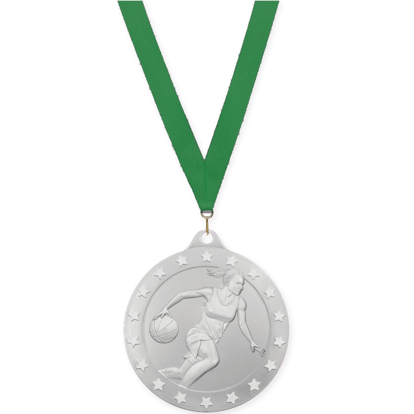 2 inch female basketball Radiance medal in silver with Green neck ribbon