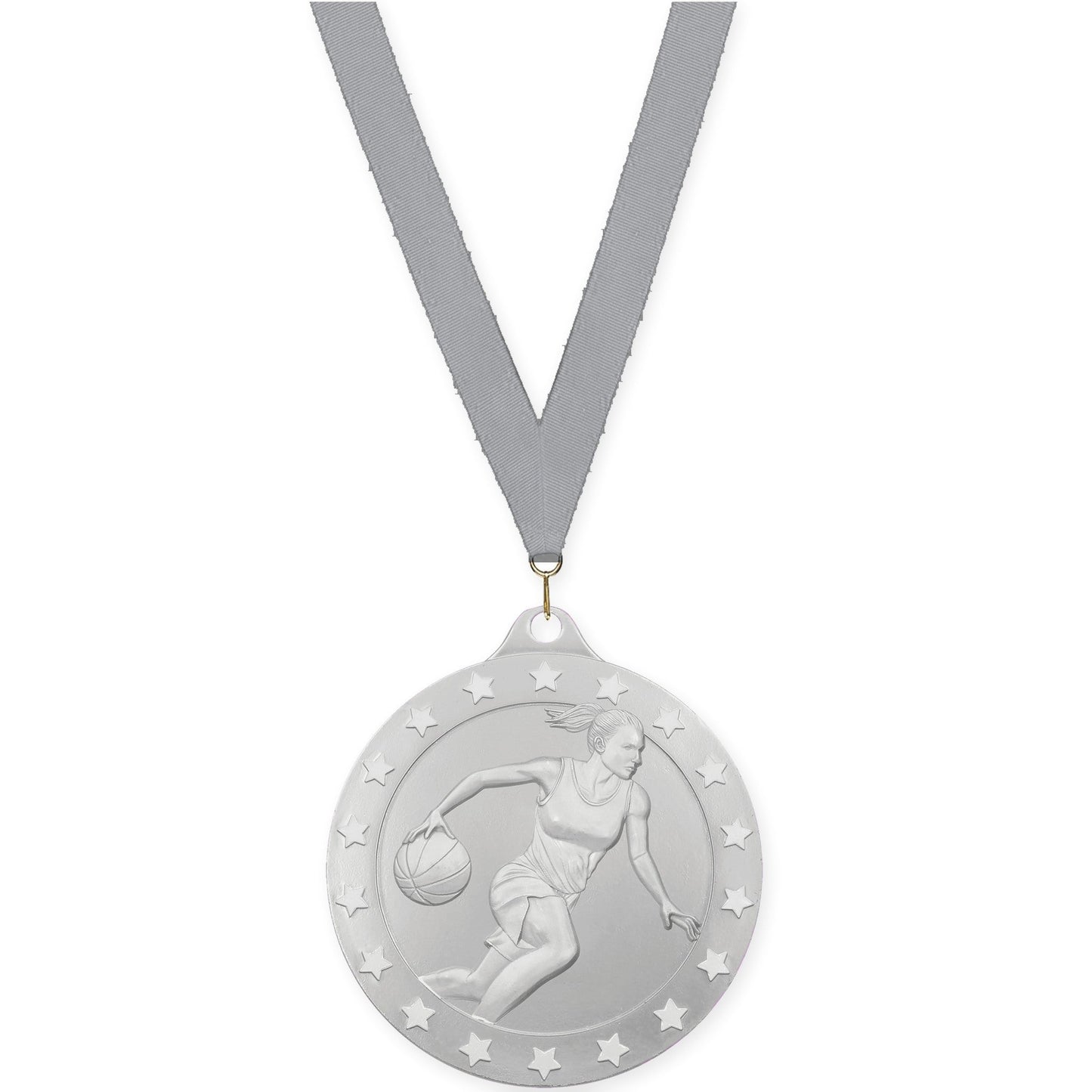 2 inch female basketball Radiance medal in silver with Gray neck ribbon